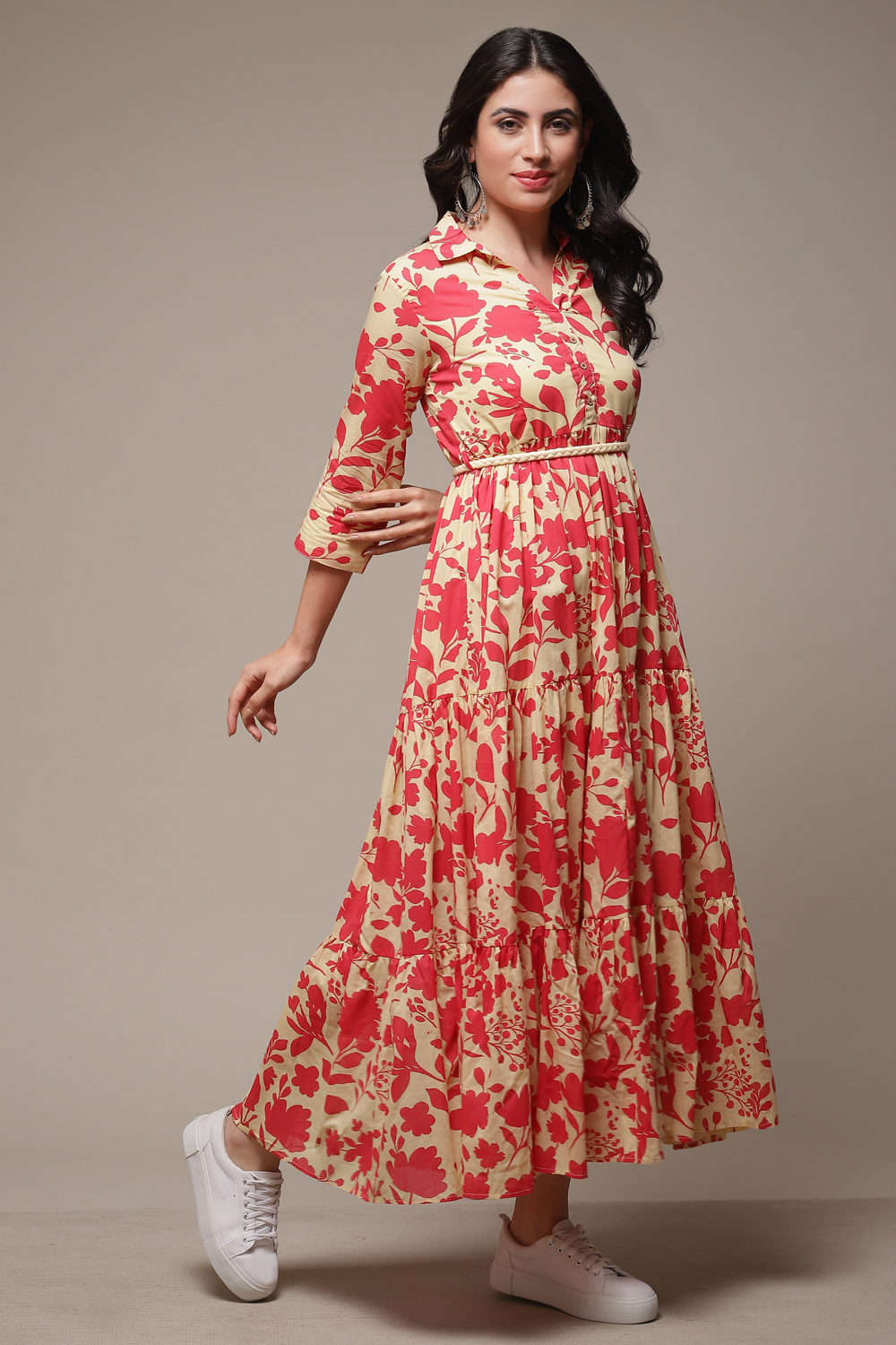Beige Cotton Tiered Printed Dress image number 4