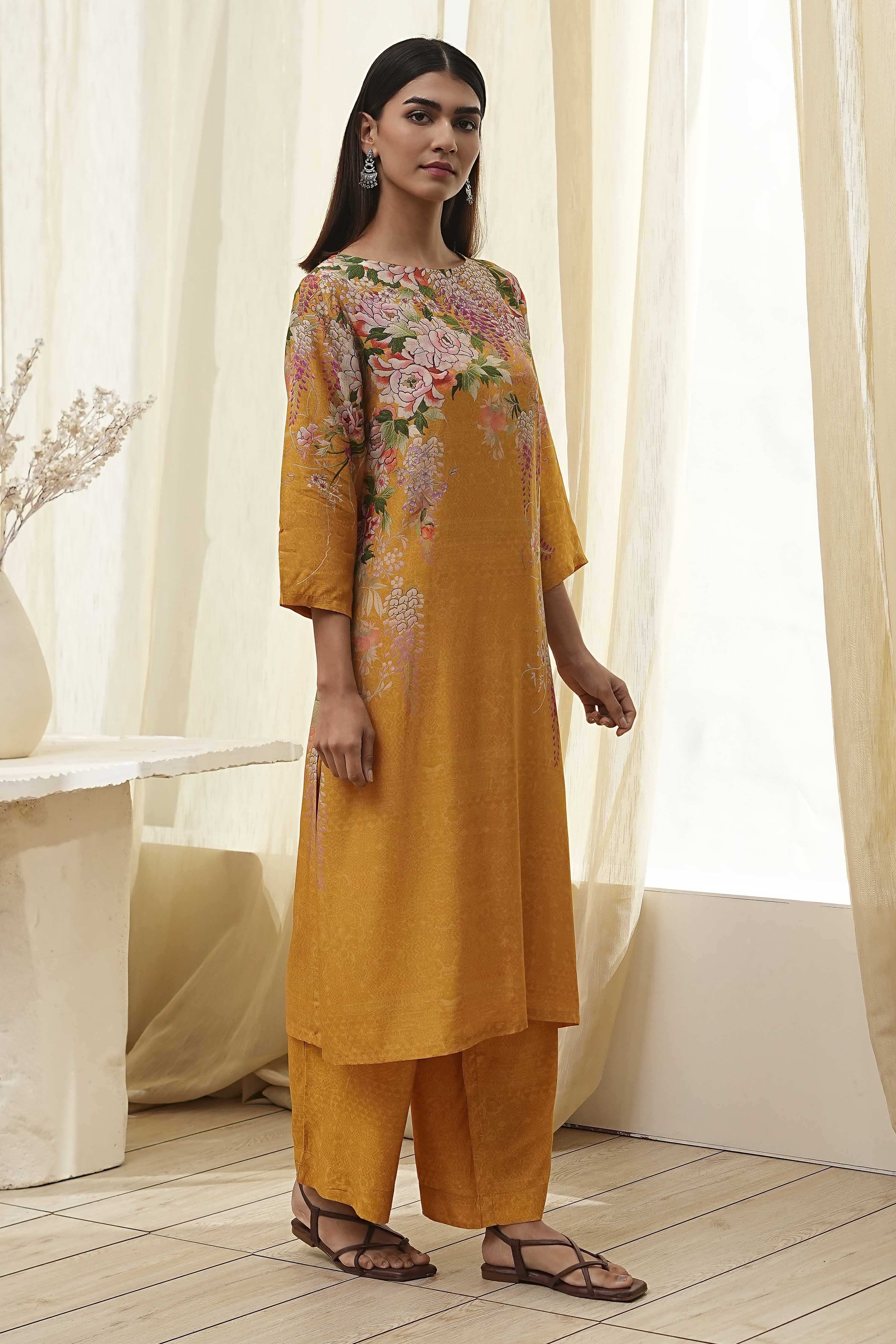 Mustard Yellow Floral Straight Kurta Set image number 5