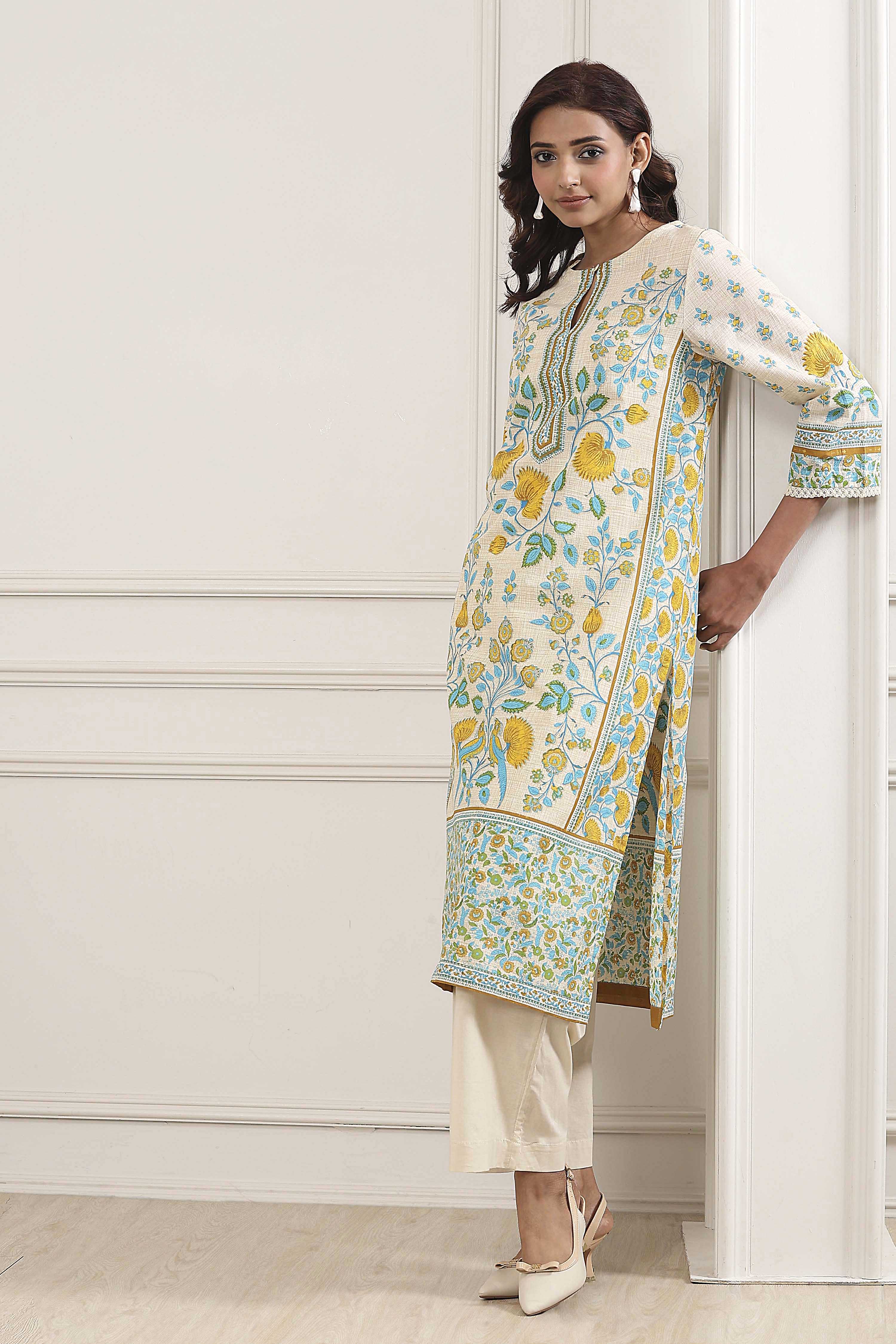 Off-White Cotton Printed Straight Kurta image number 2