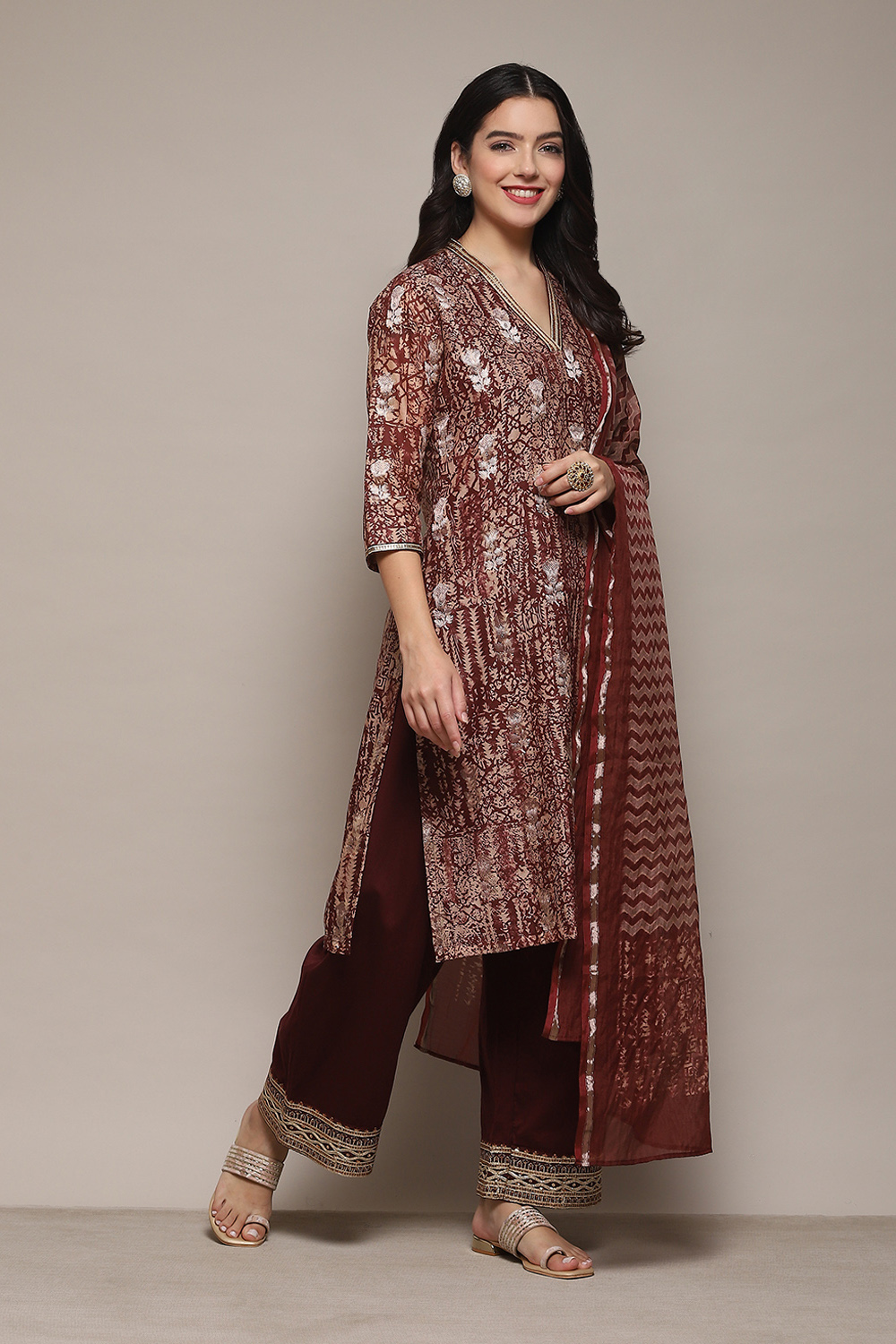 Beige Poly Chanderi Kalidar Printed Kurta Palazzo Suit Set image number 1