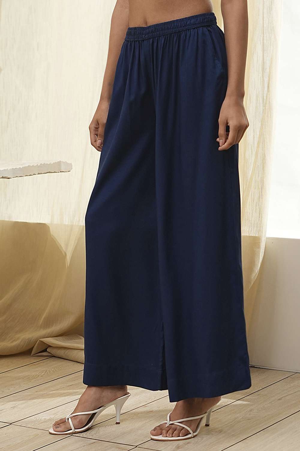 Navy Blue Viscose Solid Straight Palazzos image number 2