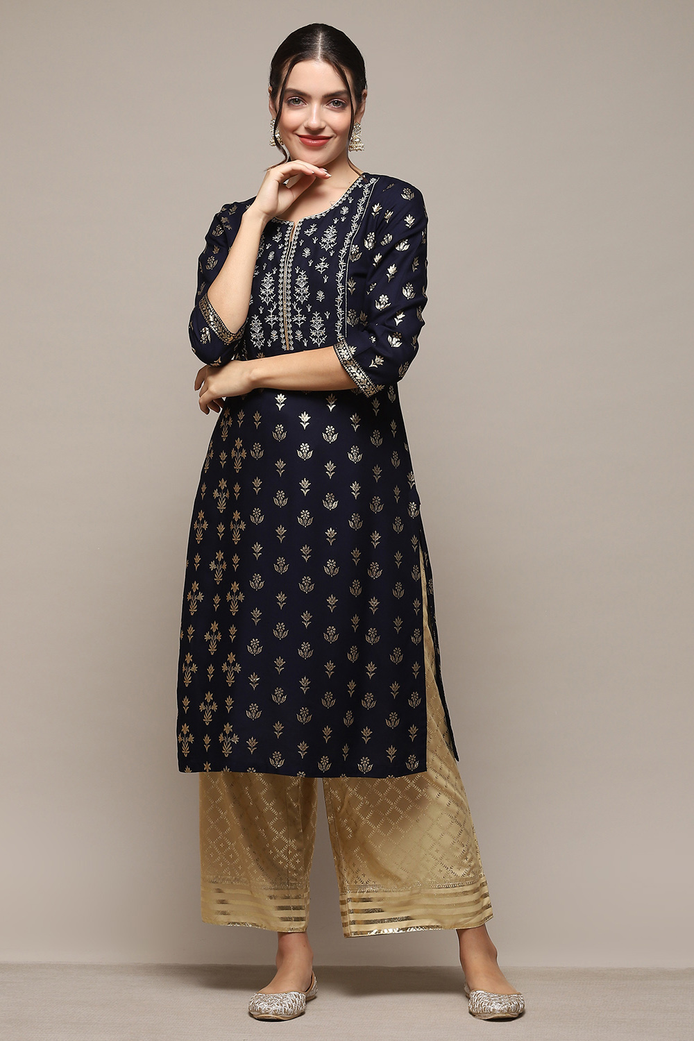 Navy Blue Rayon flax Straight Kurta Palazzo Suit Set image number 0