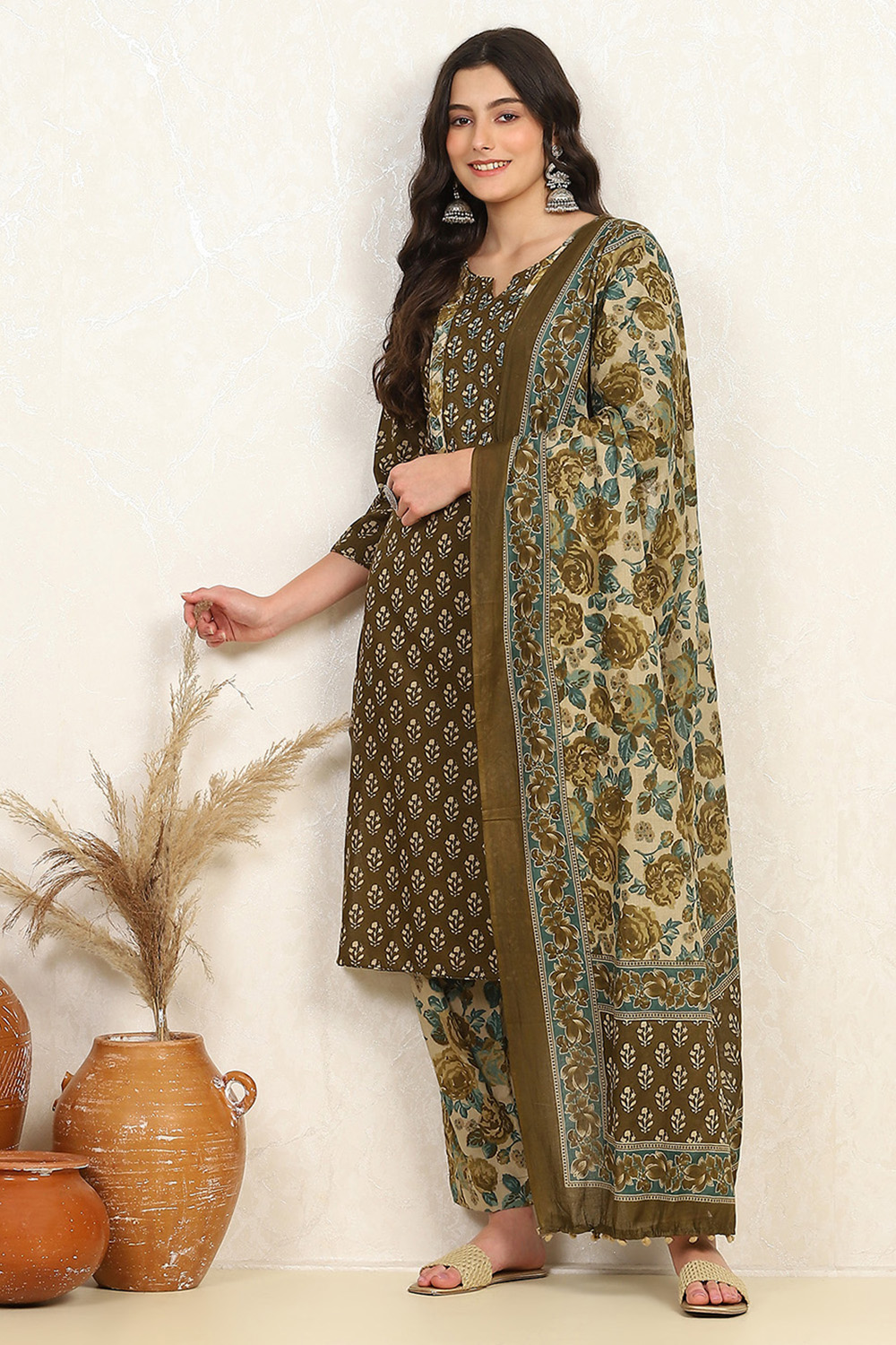Rust Cotton Unstitched Suit Set image number 1