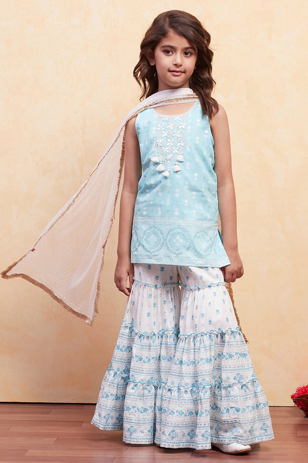 Turquoise Cotton Tiered Suit Set image number 6