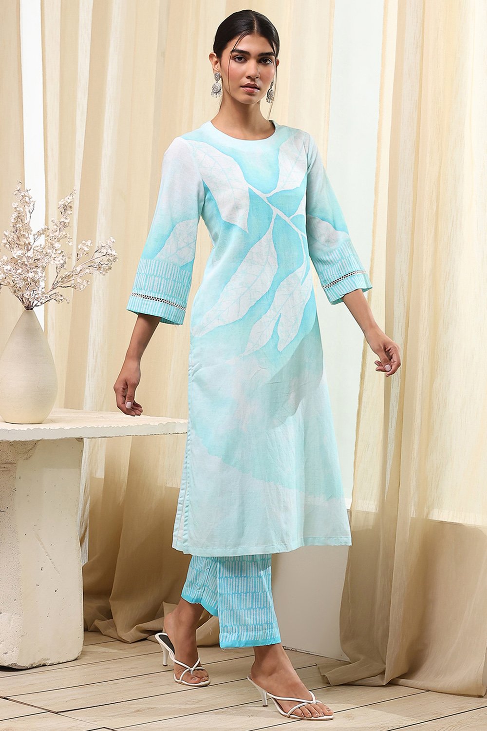 Turquoise Viscose Blend Straight Printed Fusion Set image number 0