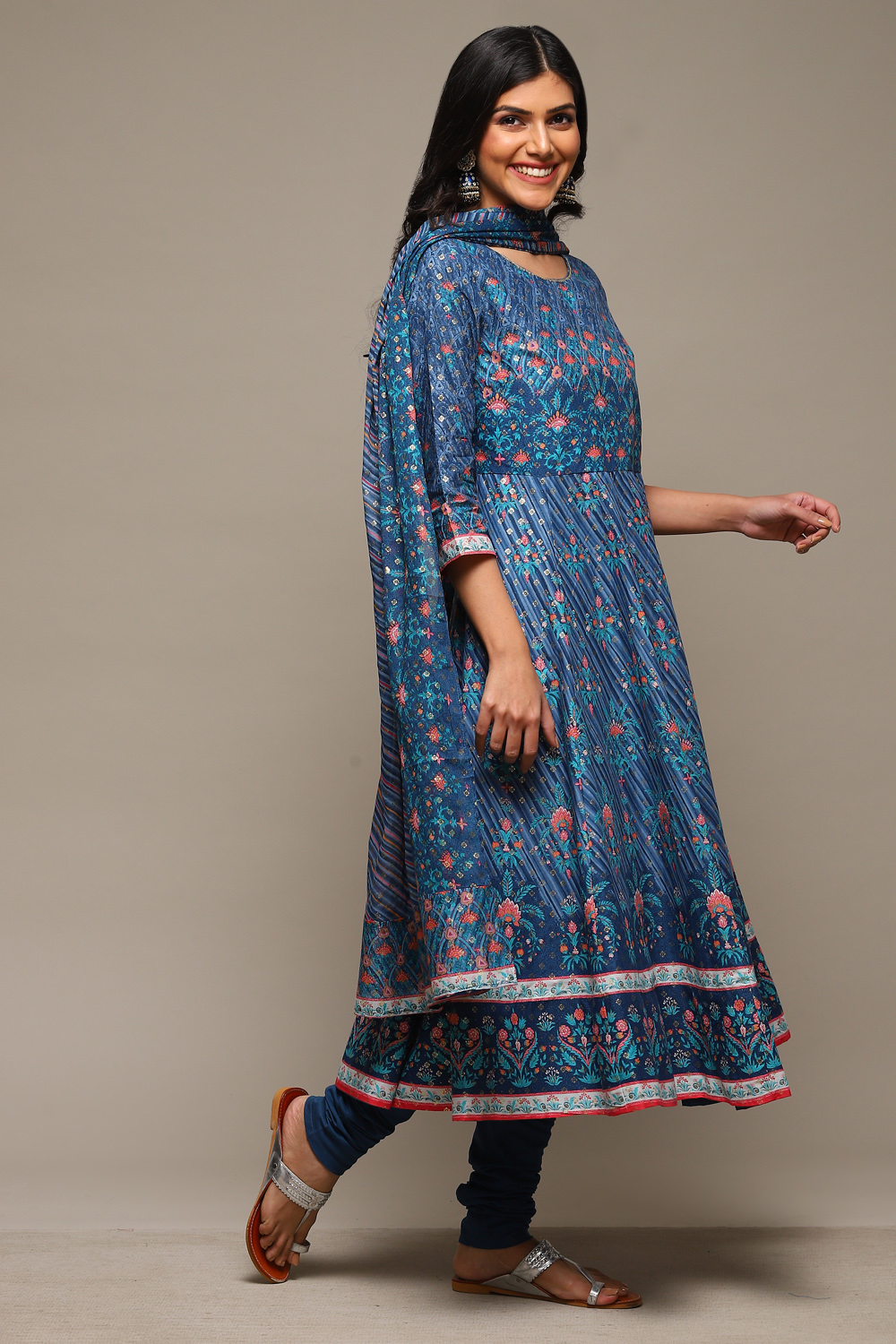 Indigo Cotton Anarkali Kurta Churidar Suit Set image number 6