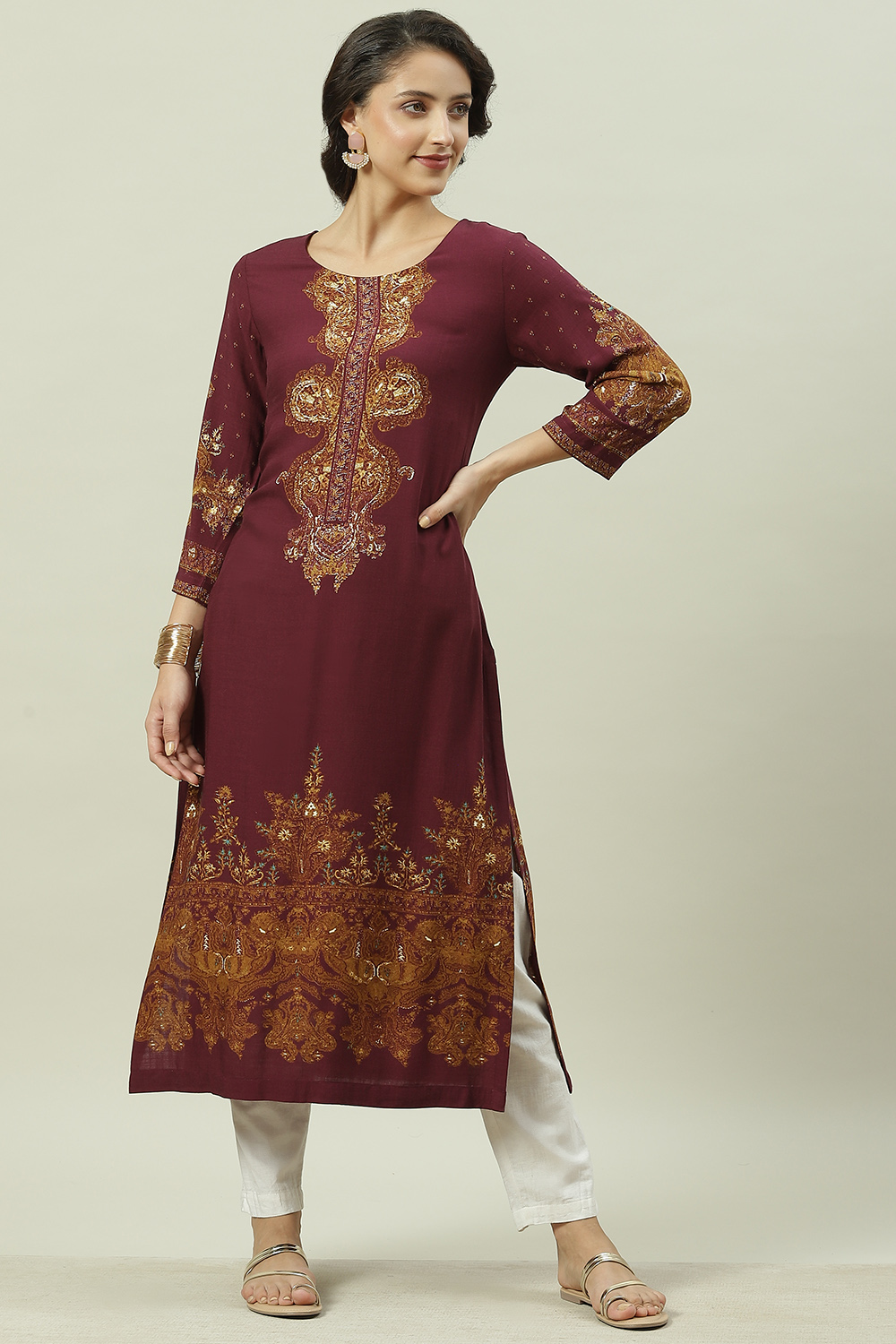 Wine LIVA Straight Printed Kurta image number 0