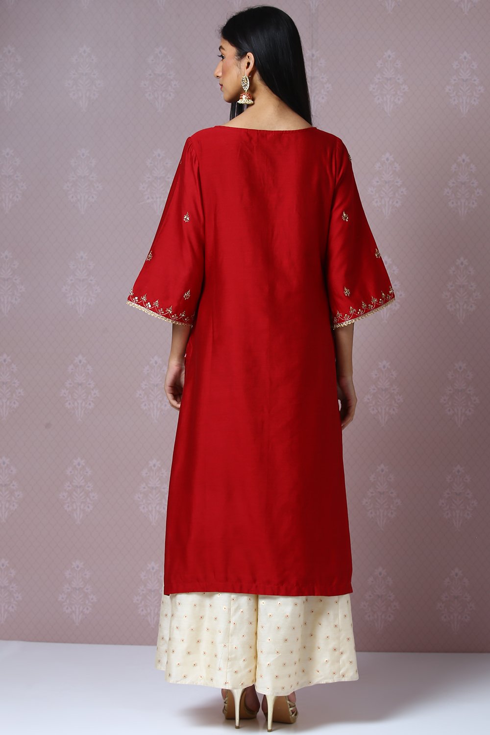 Cherry Red Cotton Silk Sharara Kurta Sharara Suit Set image number 7