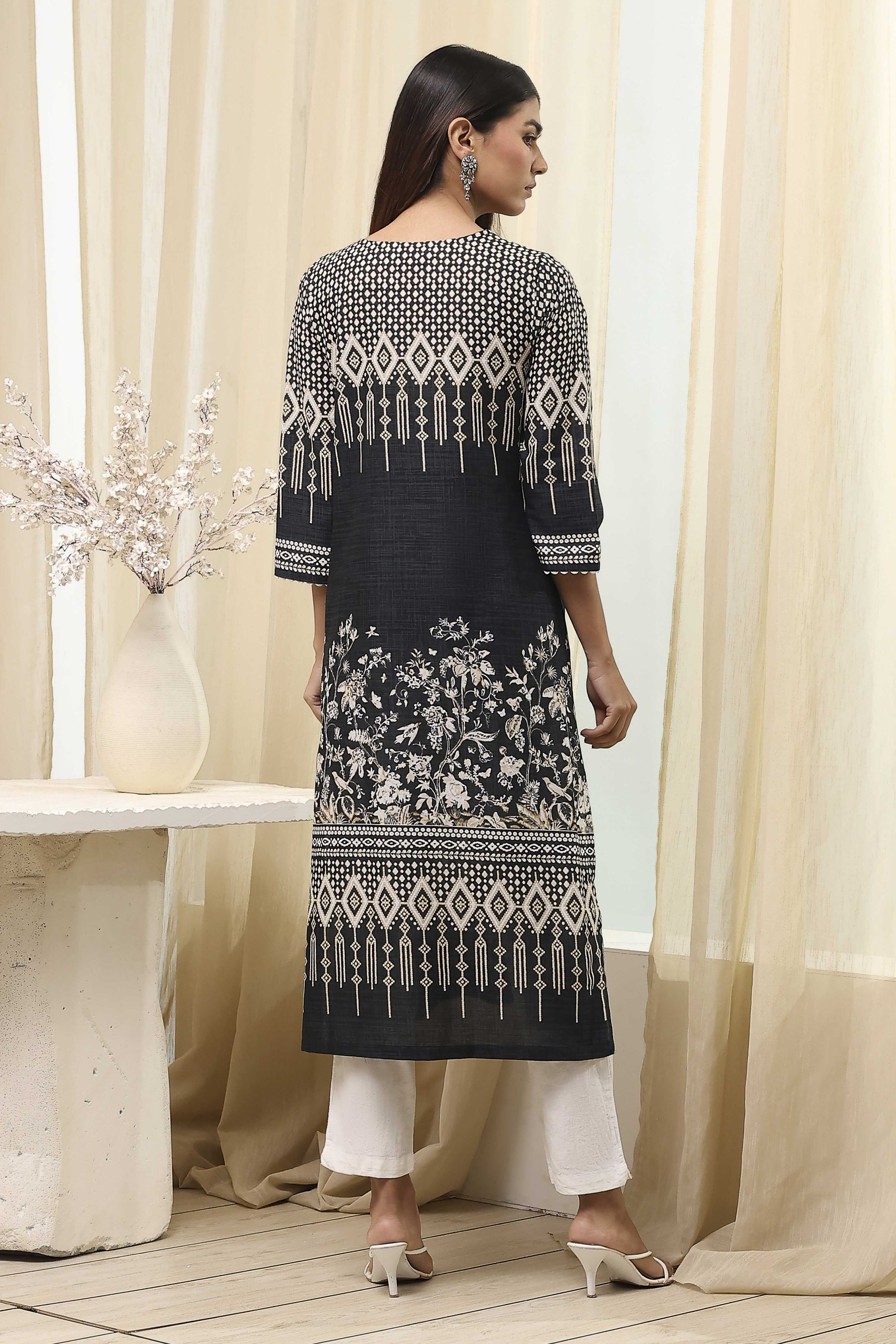 Black Cotton Printed Straight Kurta image number 3