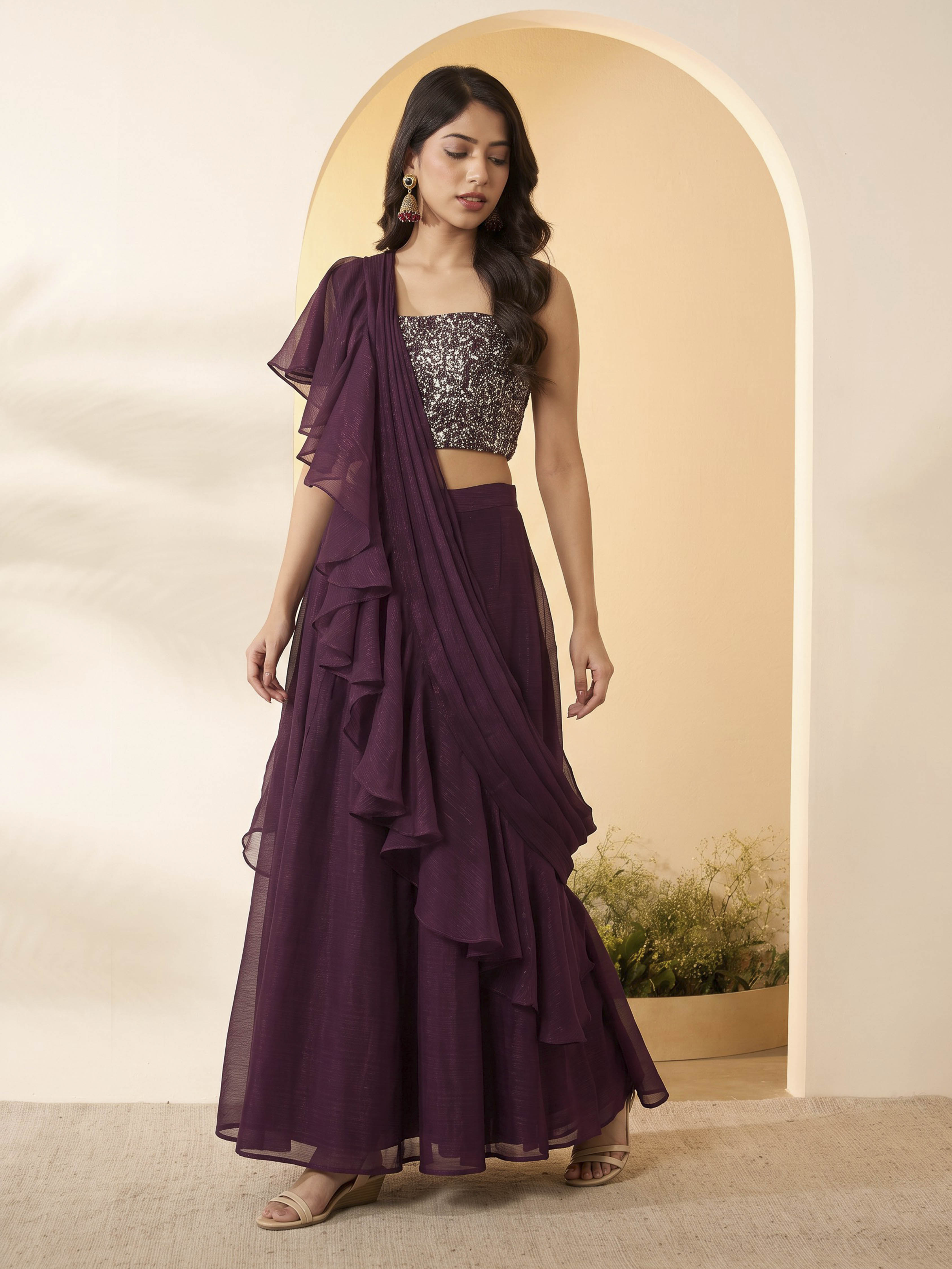 Wine Nylon Gathered Saree image number 2