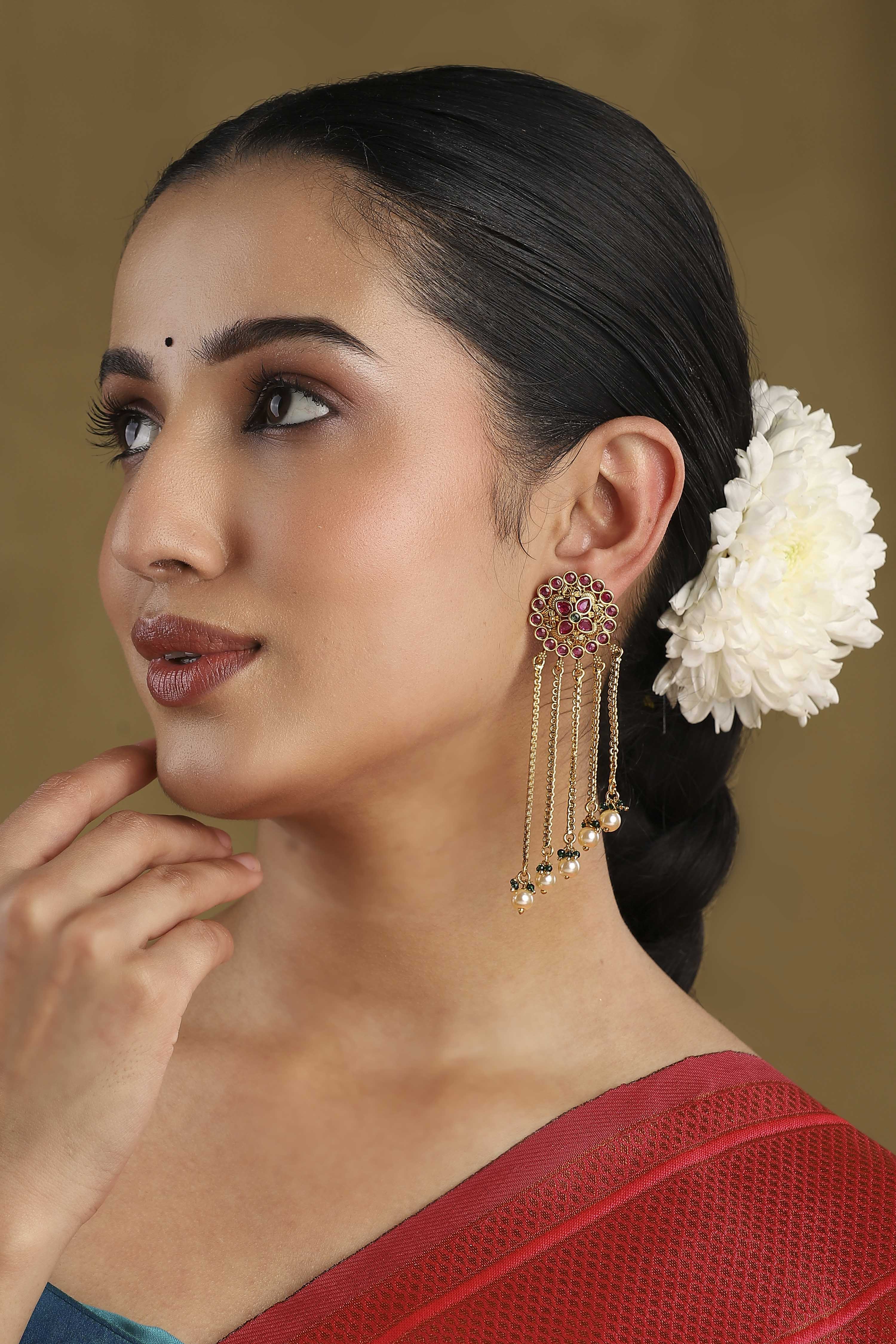 Multicolour Gold Plated Brass Stone Studded Drop Earrings image number 3