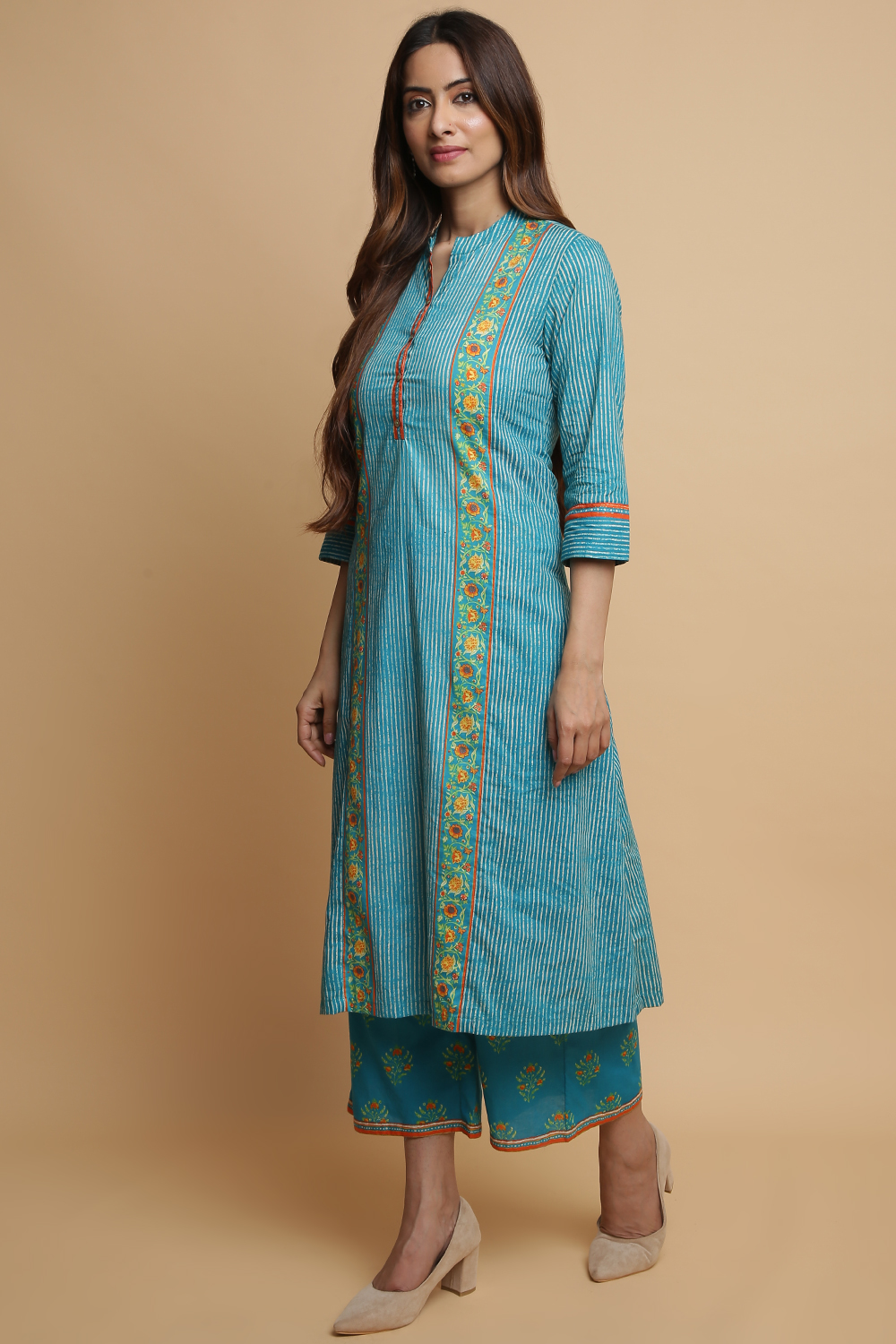 Turquoise Cotton A-Line Kurta Palazzo Suit Set image number 3