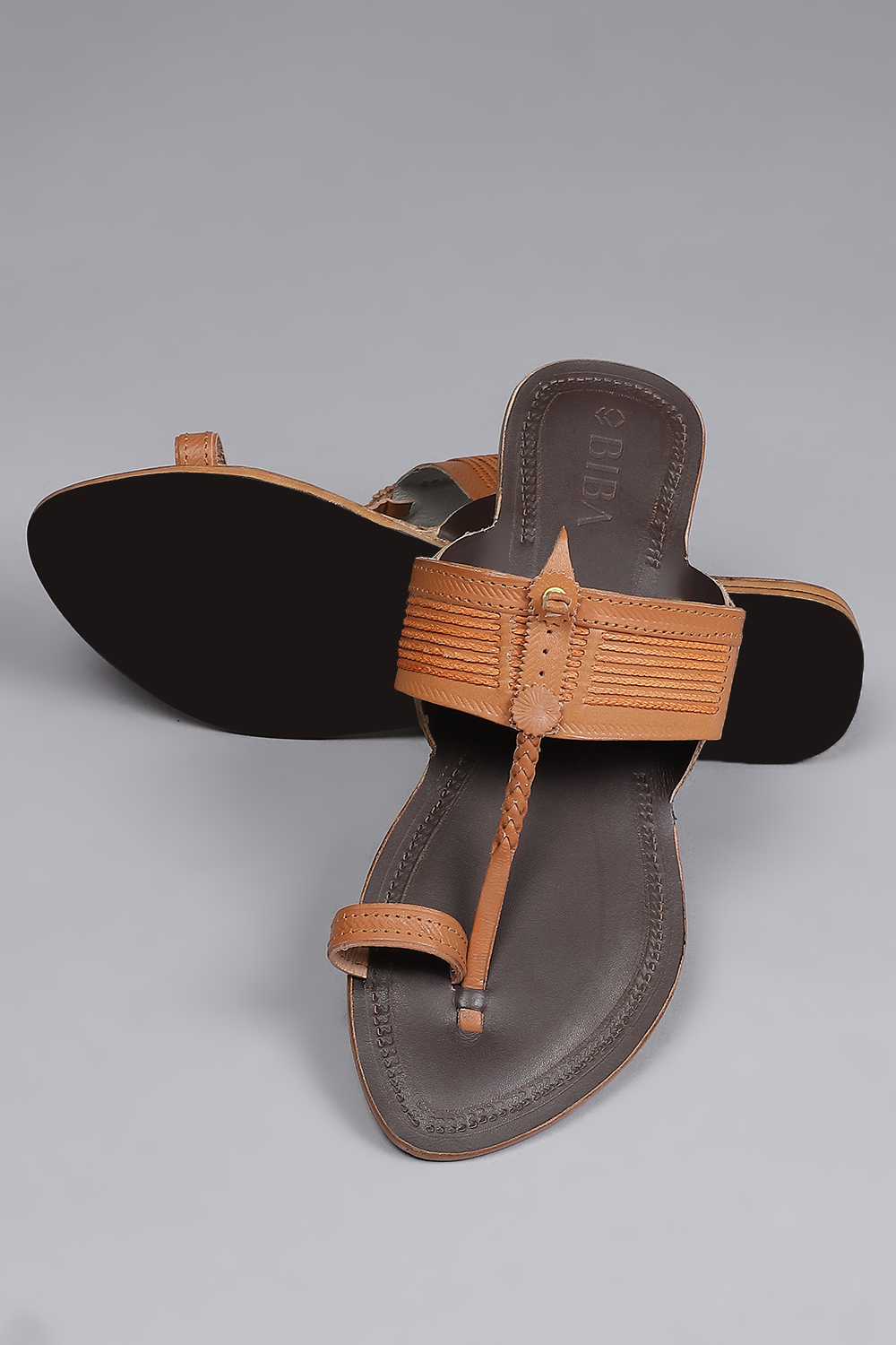Tan & Dark Brown Leather Kolhapuri Sandals image number 3
