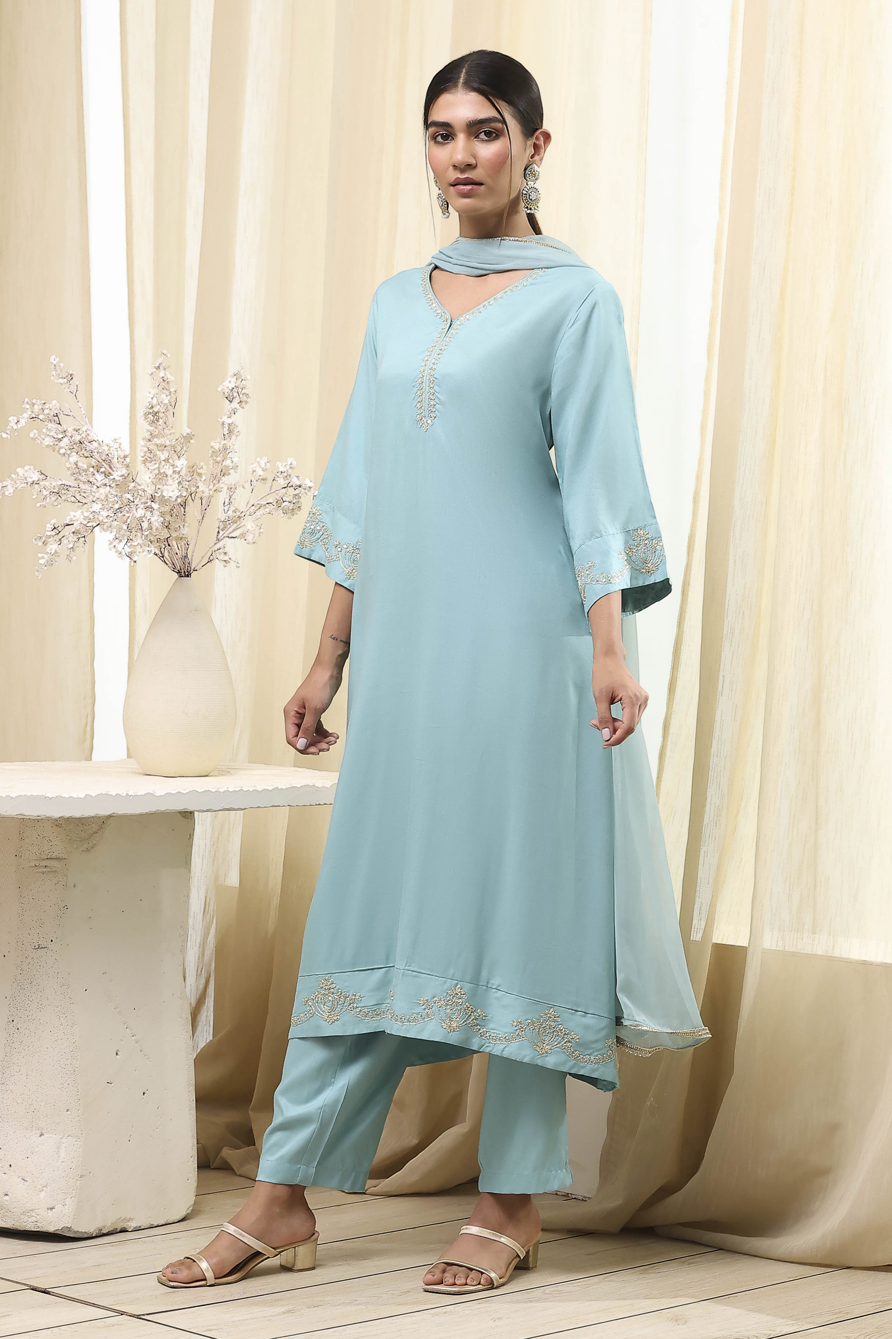 Dull Blue Solid A-Line Suit Set image number 3