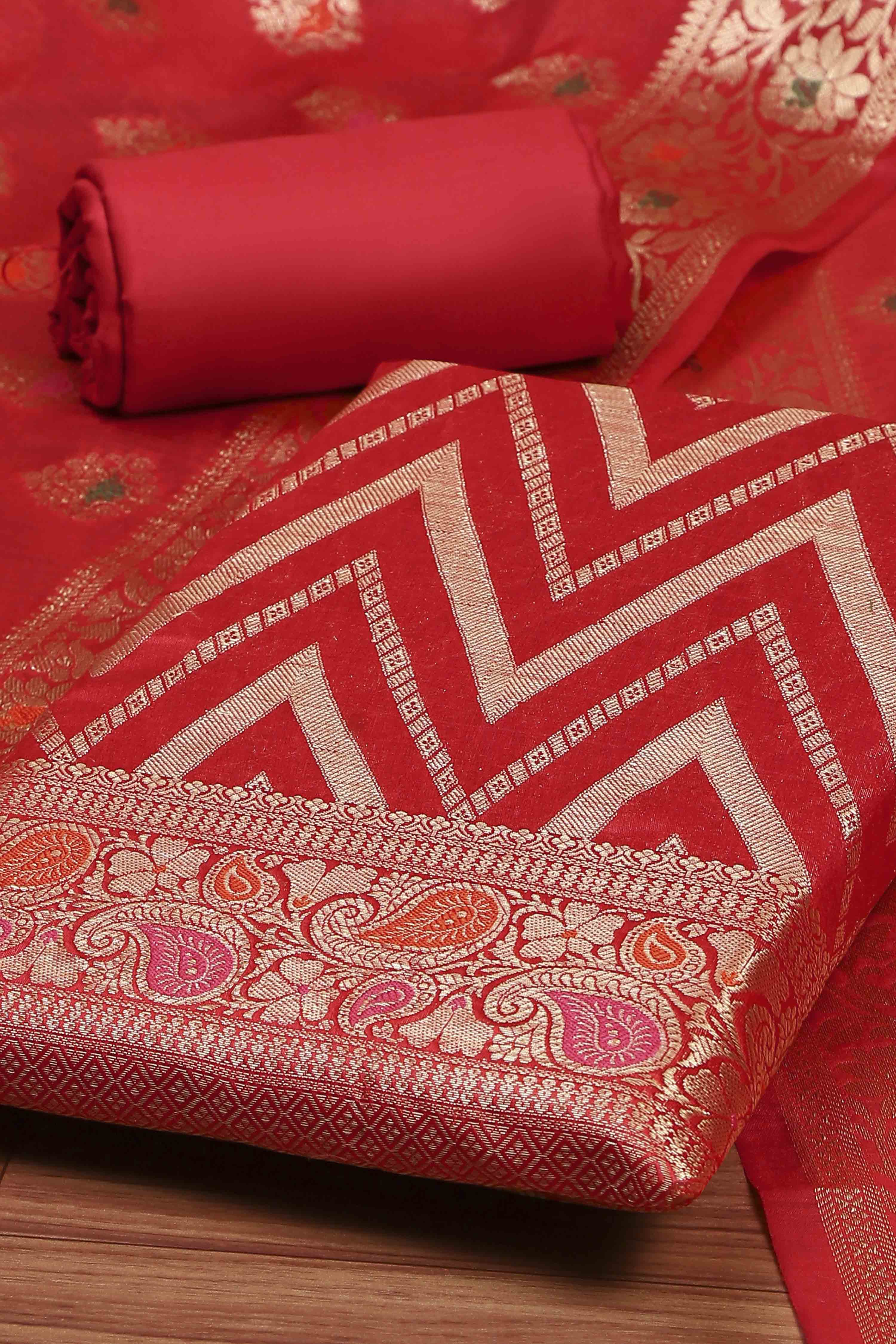 Red Cotton Printed Embroidered Unstitched Suit Set image number 1