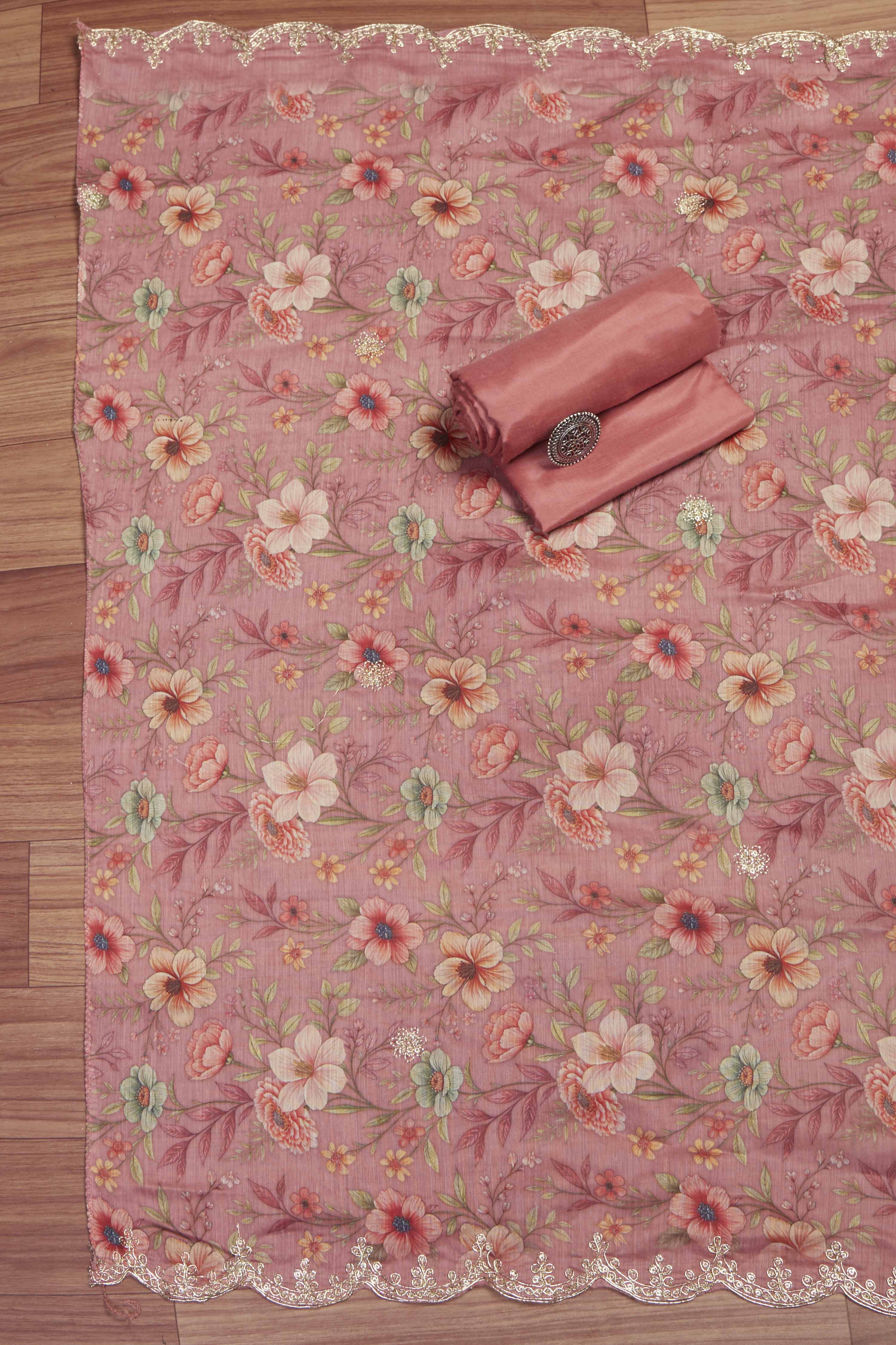 Teal Chanderi Unstitched Suit Set image number 3