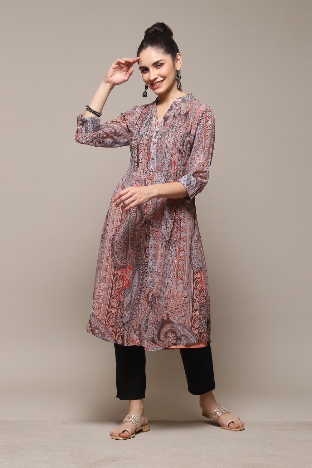 Red & Blue Polyester Straight Printed Kurta image number 0