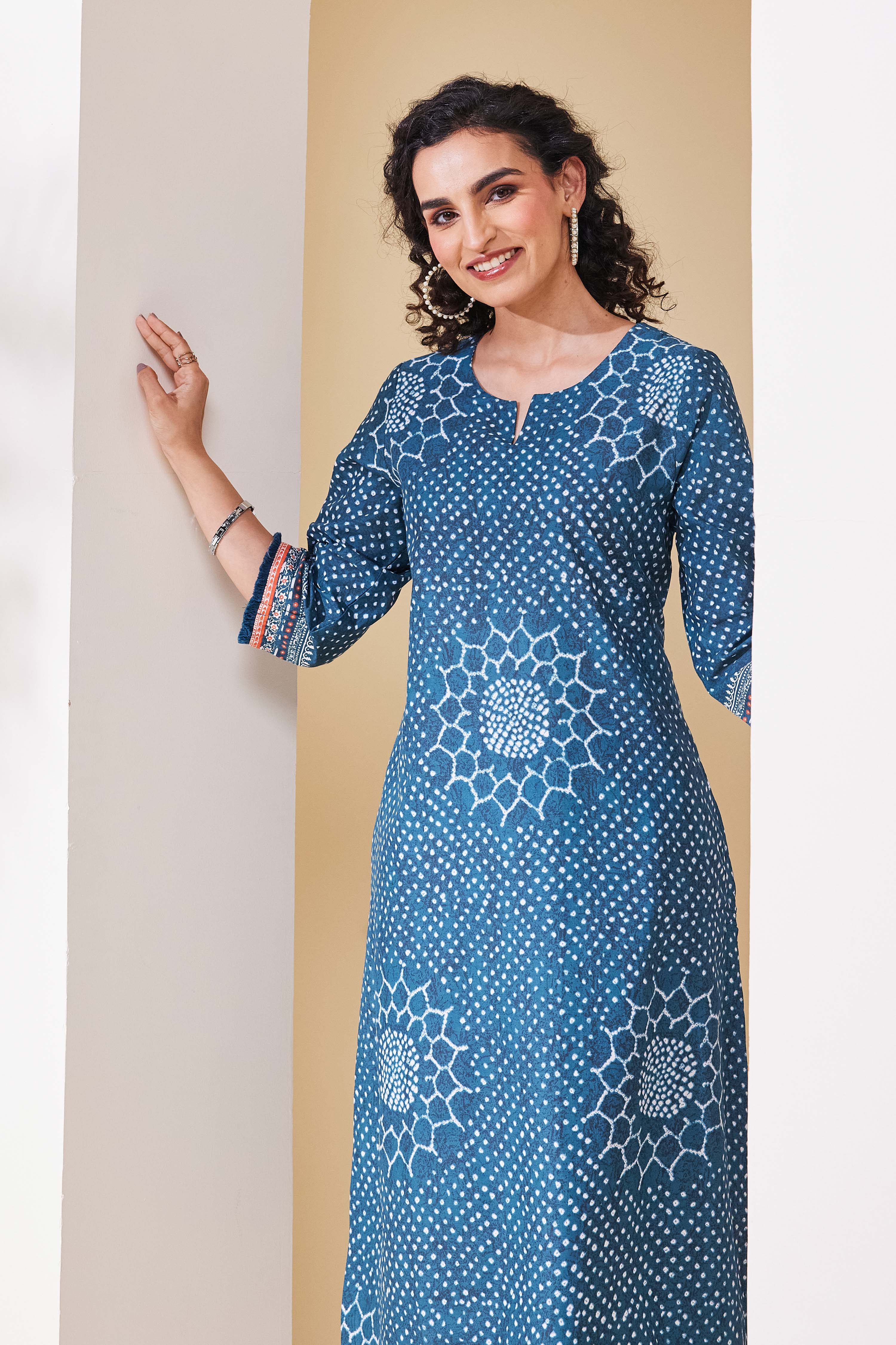 Teal Cotton Straight Kurta image number 6