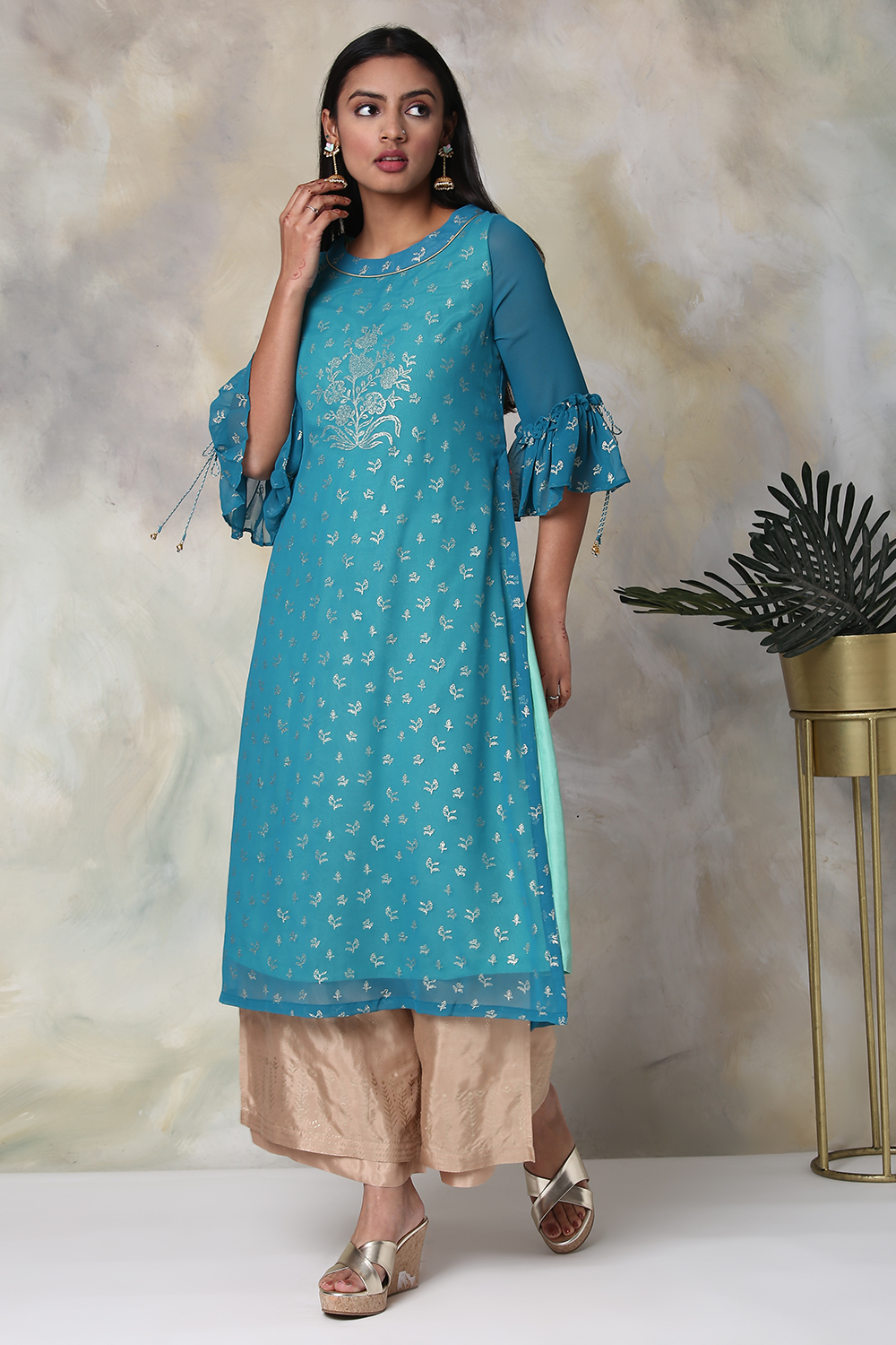 Turquoise Art Silk Straight Printed Kurta image number 3