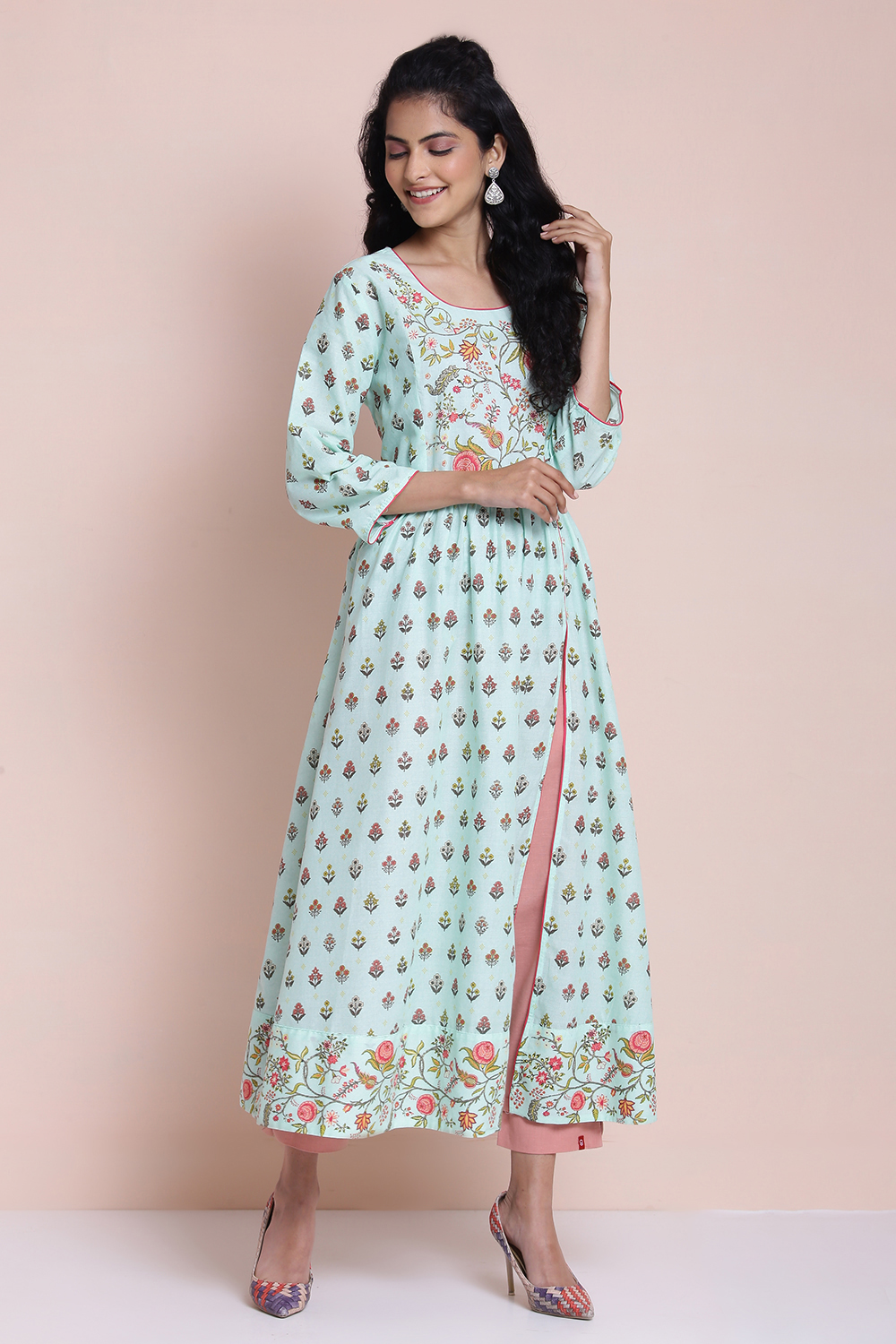 Mint Cotton High Slit Printed Kurta image number 4