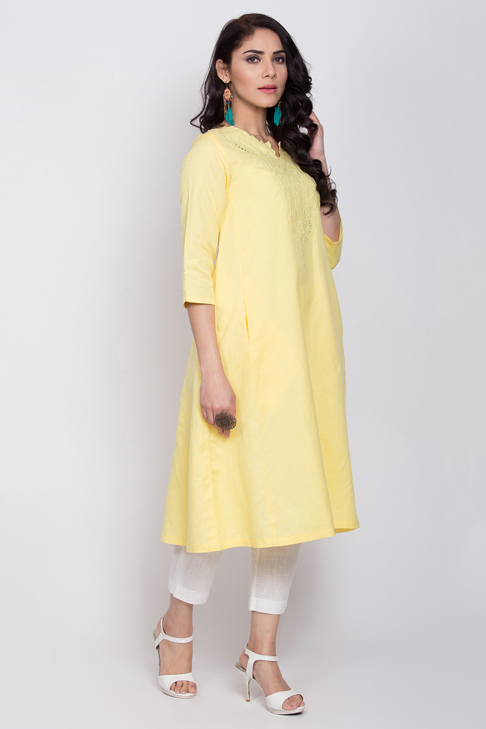 Lime Yellow Cotton Linen A-Line Yarndyed Kurta image number 3