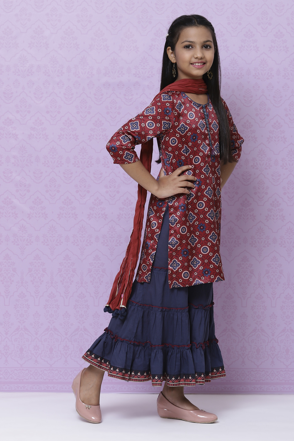 Rust Art Silk Girls Straight Kurta Sharara Suit Set image number 6
