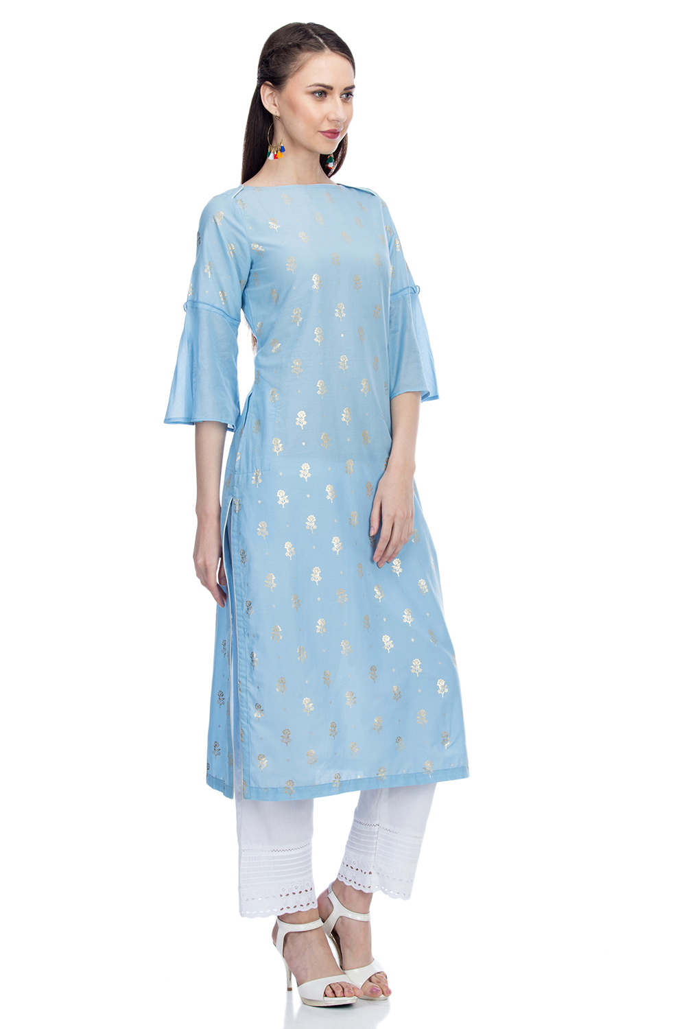 Blue Straight Cotton Printed Kurta image number 3