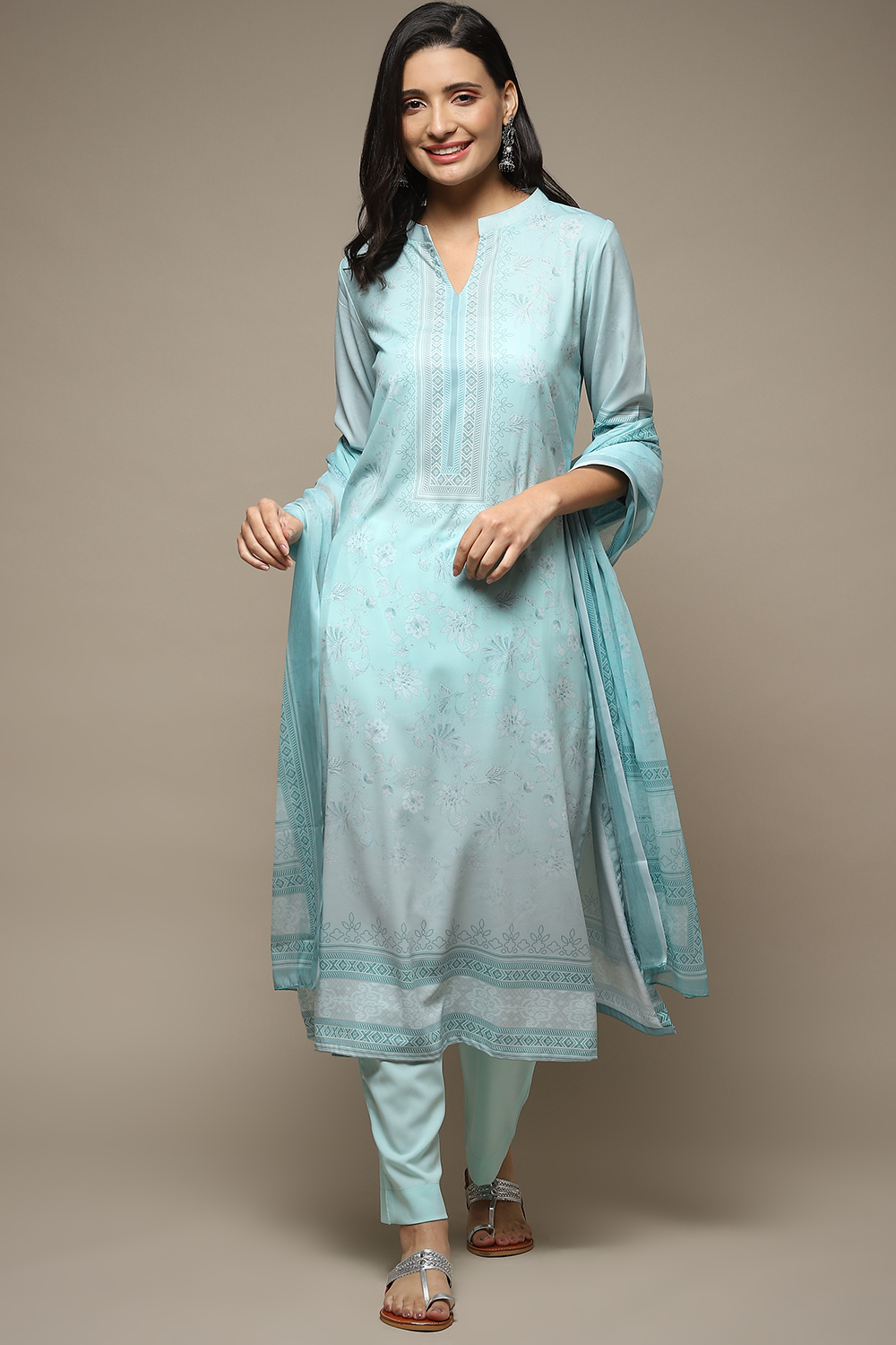 Light Blue Silk Blend Digital Print Unstitched Suit Set image number 8