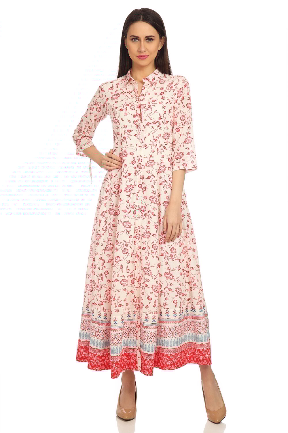 White And Red Flared Cotton Printed Kurta Dress image number 0
