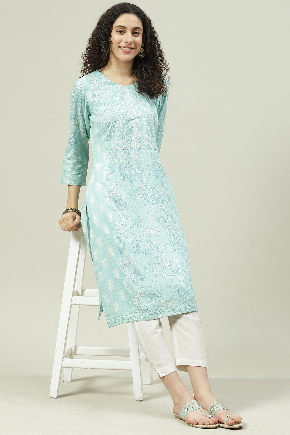 Turquoise Rayon Straight Printed Kurta image number 5