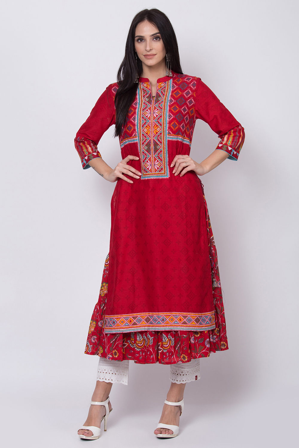 Red Cotton A-Line Printed Kurta image number 0