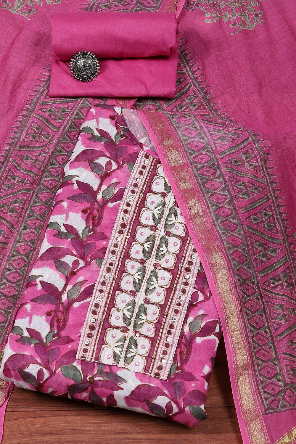 Wine Silk Blend Printed Unstitched Suit Set image number 0