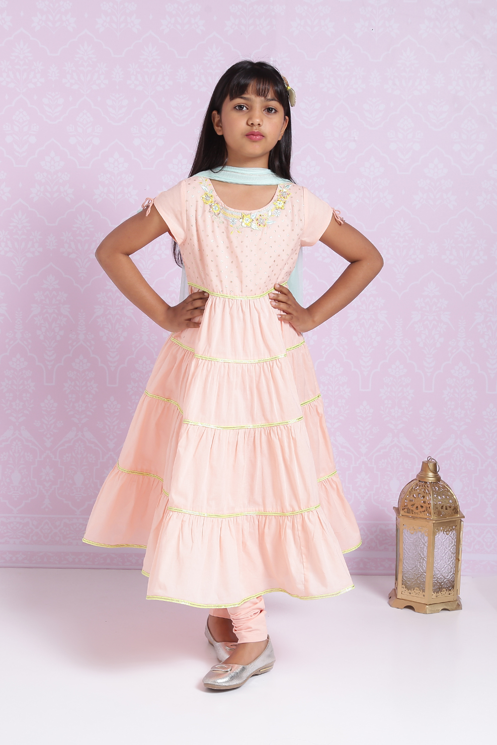 Peach Cotton Tiered Kurta Churidar Suit Set image number 0