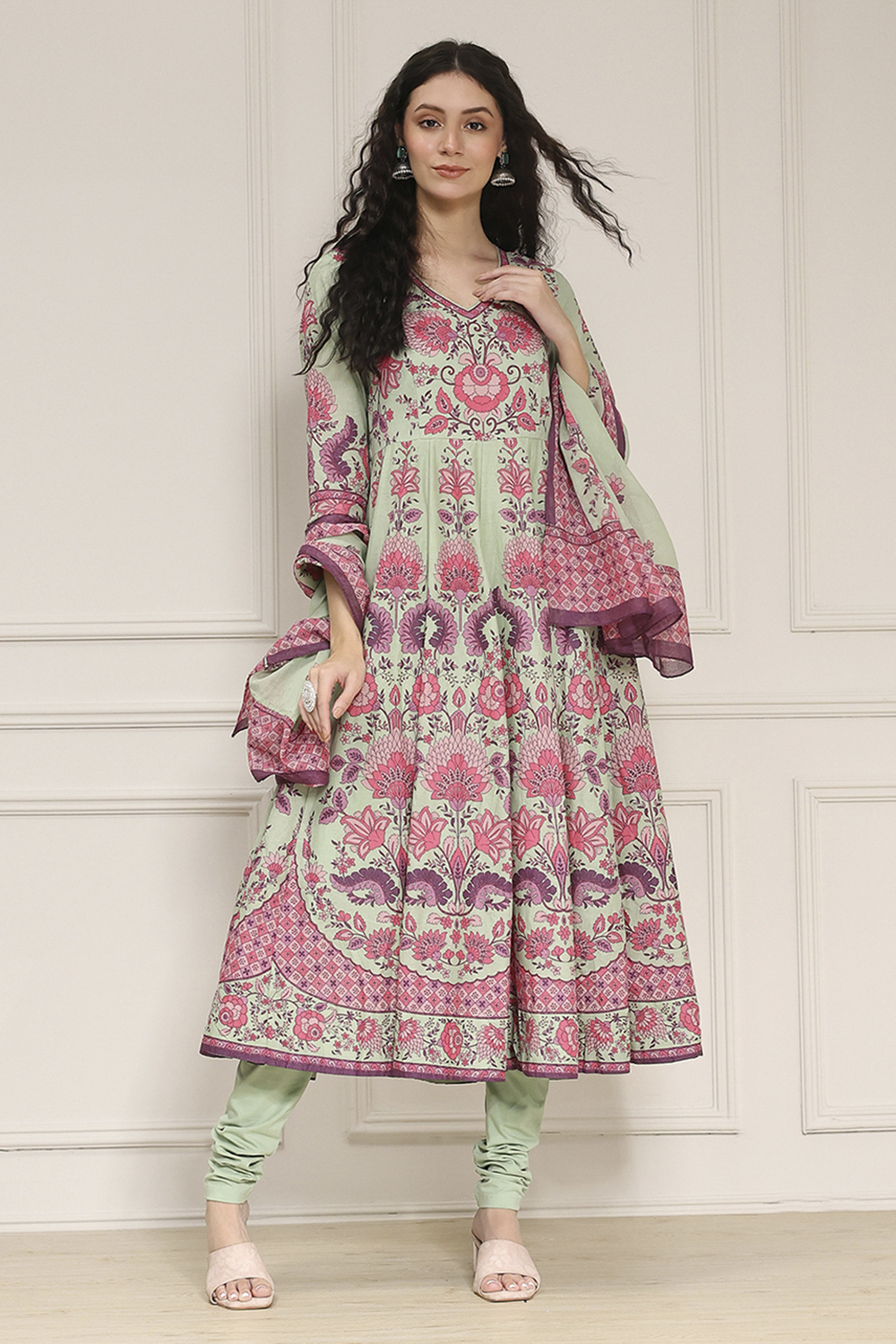 Light Pink Cotton Printed Anarkali Suit Set image number 6