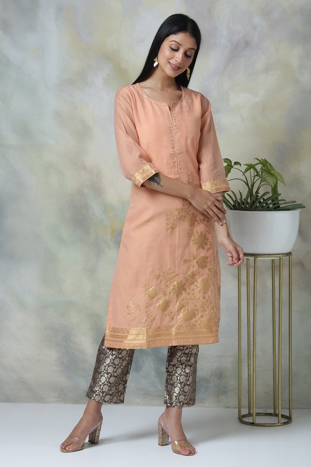 Orange Art Silk Cotton Straight Printed Kurta image number 0