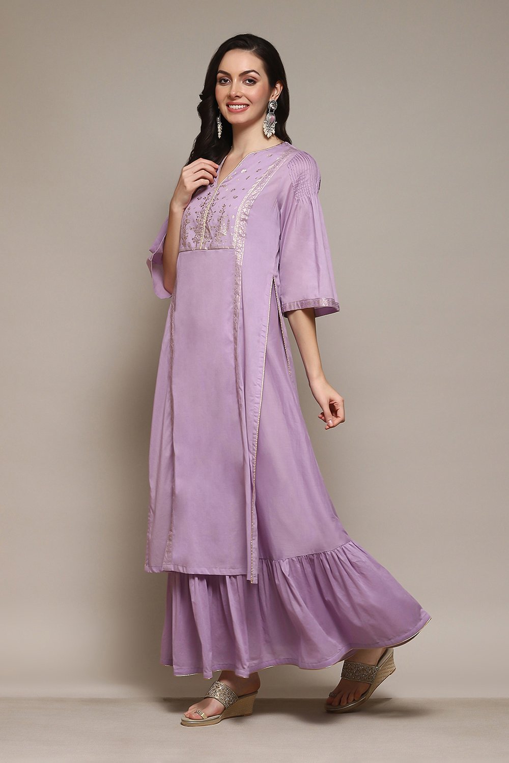 Green Cotton Flared Printed Kurta image number 3