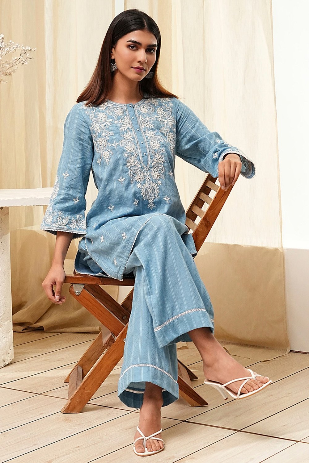Blue Cotton Embroidered Straight Kurta Set image number 0