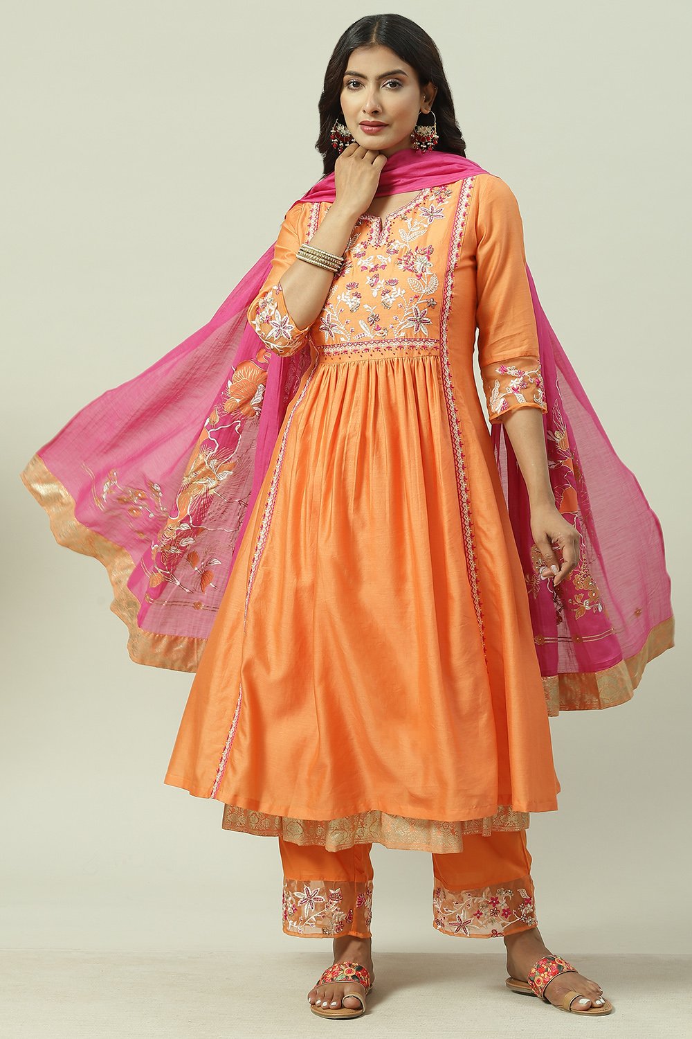 Orange Pink Cotton Silk Flared Kurta Palazzo Suit Set image number 7