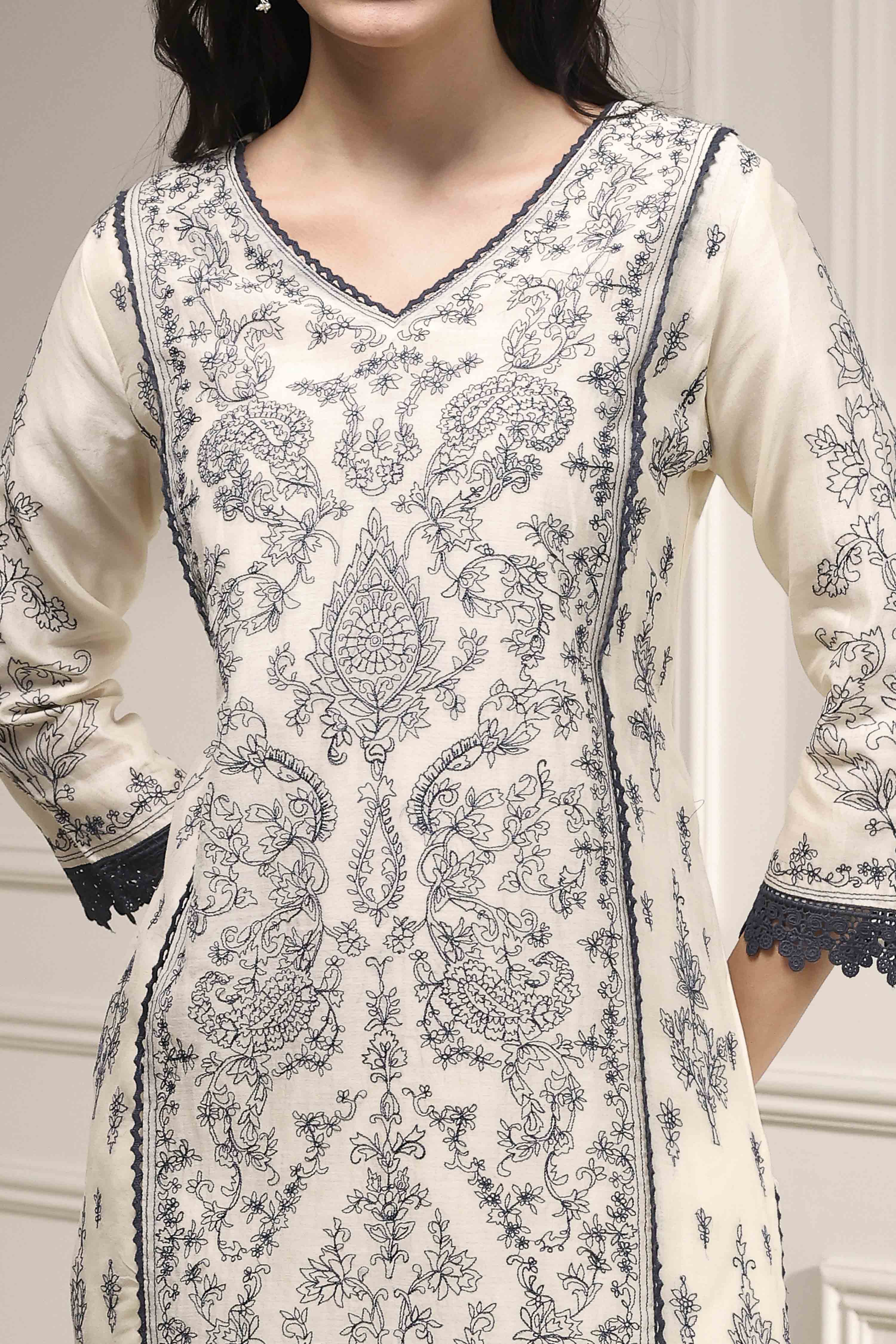 Natural White Chanderi Straight Dyed Suit Set image number 1