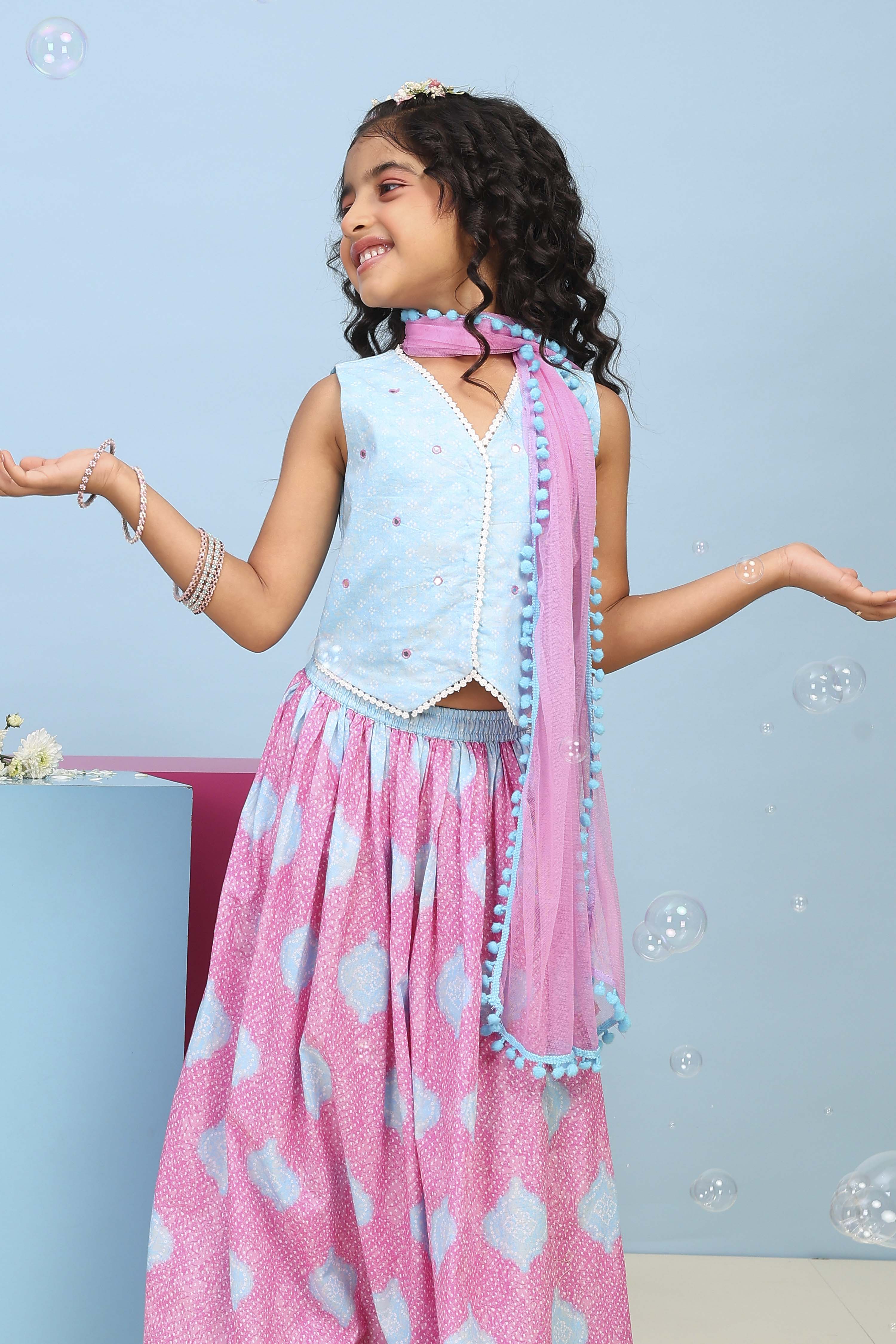 Blue Cotton Printed Straight Lehenga Set image number 7