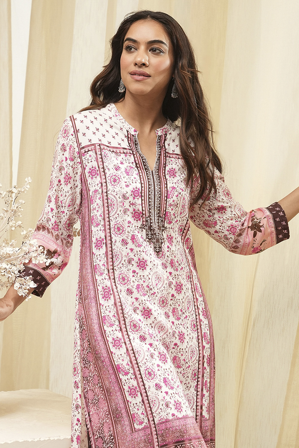 Peach Rayon A-Line Printed Kurta image number 6
