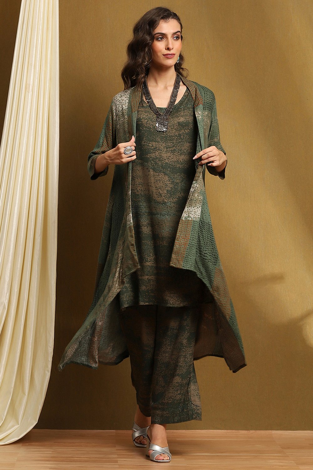 Olive Green Hand-Block Printed Straight Co-ord Set image number 6
