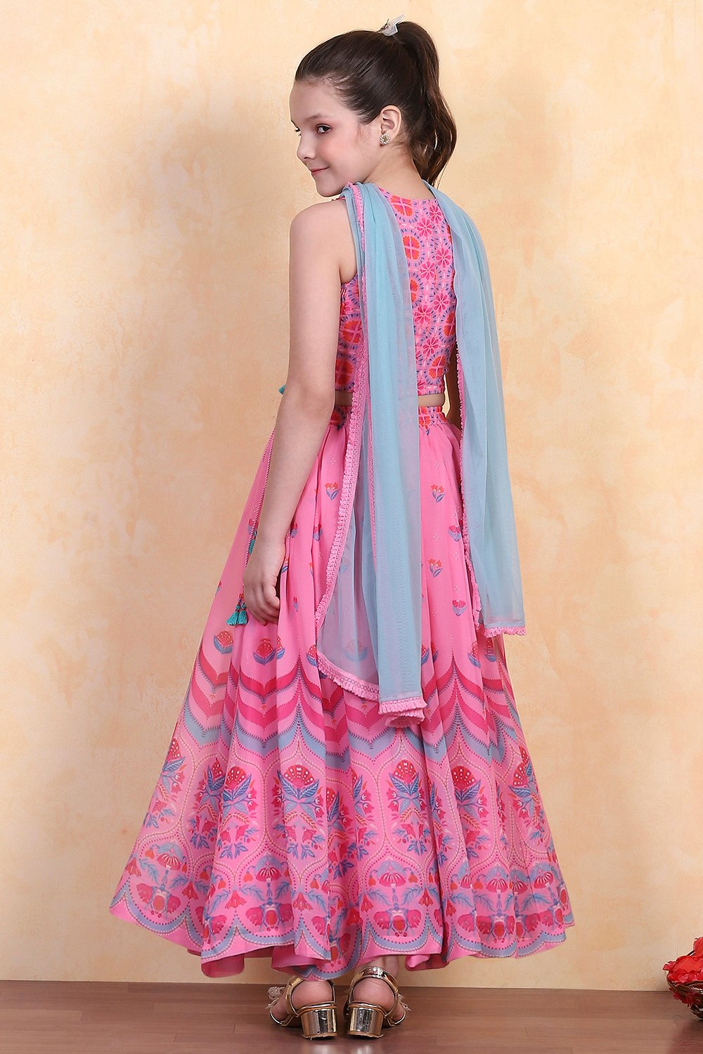 Pink Printed Flared Lehenga Set image number 5