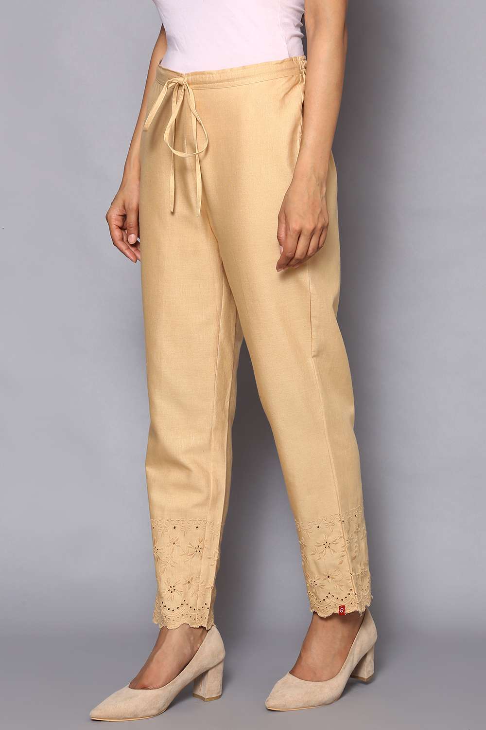 Beige Cotton Flax Regular Pants image number 2