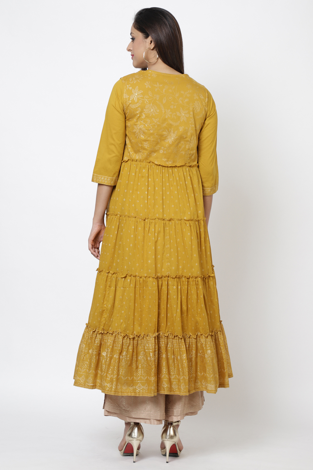 Mustard Cotton Flared Printed Kurta image number 5