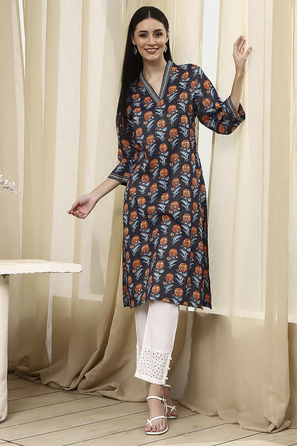 Teal Cotton Printed Straight Kurta image number 6