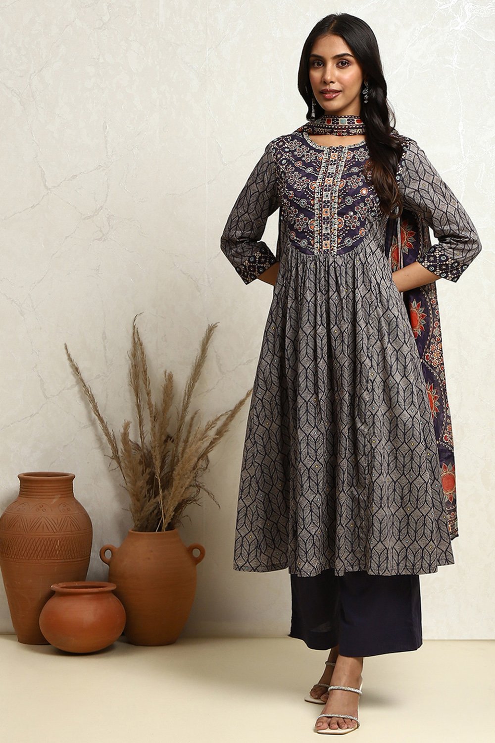 Mustard Yellow Cotton Printed Flared Festive Suit Set image number 0