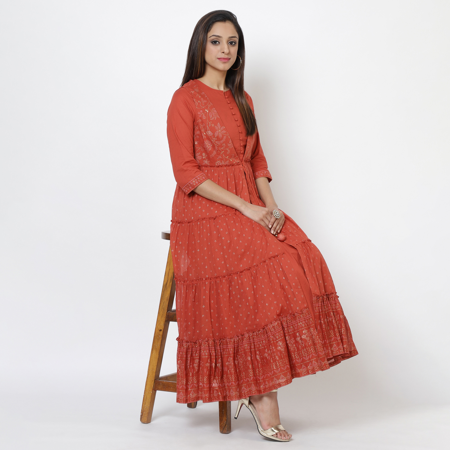 Rust Cotton Flared Printed Kurta image number 0