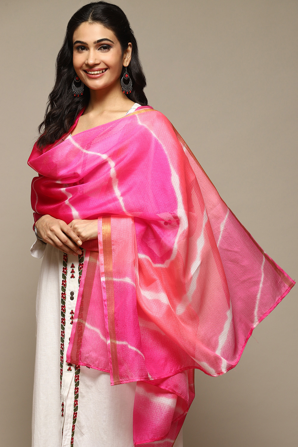 Fuschia Cotton Blend Printed Dupatta image number 1