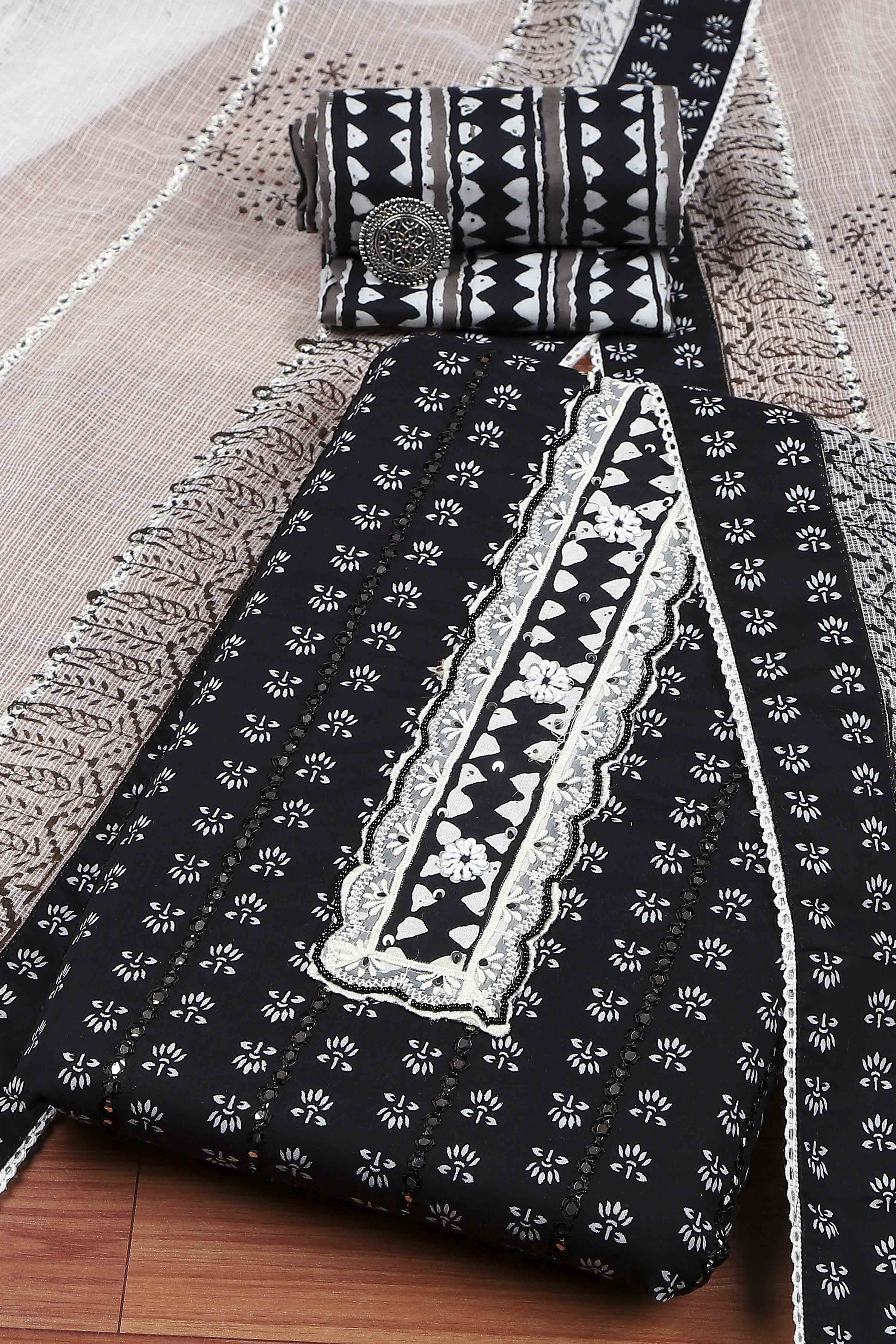 Black Cotton Printed Embroidered Unstitched Suit Set image number 0
